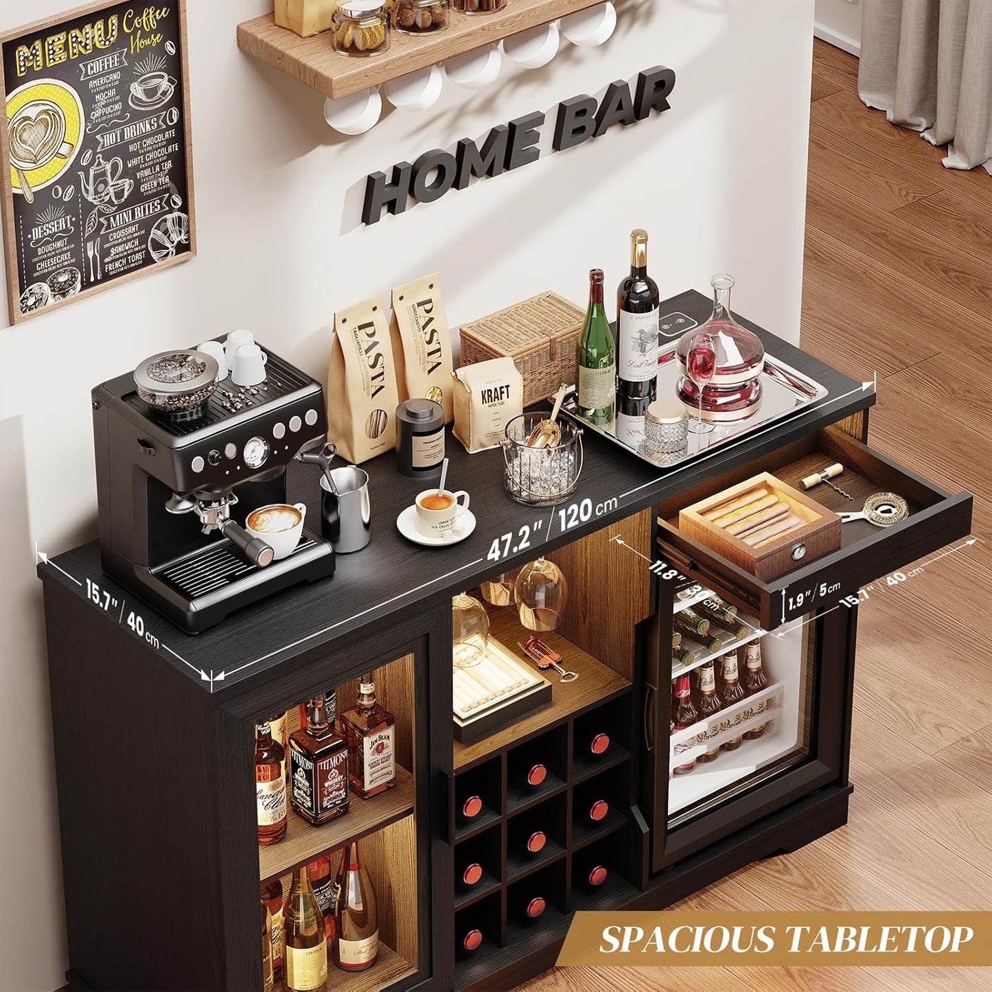 Wine Bar Cabinet with Fridge (Included), Liquor Coffee Cabinet with LED Lights & Rack, Mini Fridge Cabinet with Storage, Human Body Sensor, Sideboard Buffet for Kitchen Dining Room, Black