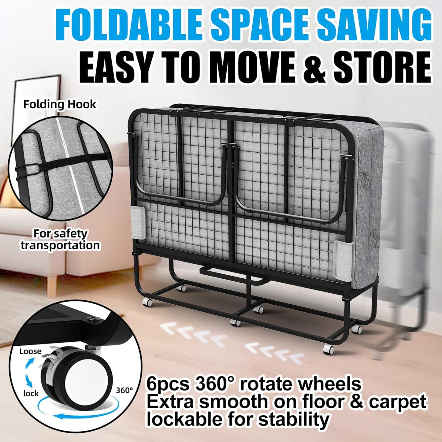 Folding Bed with Mattress 75 x 54 Full Size for Adults Rollaway Bed Fold Up Foldable Portable Extra Large Spare Guest Beds on Wheels for Home School Dorm Office Hospital