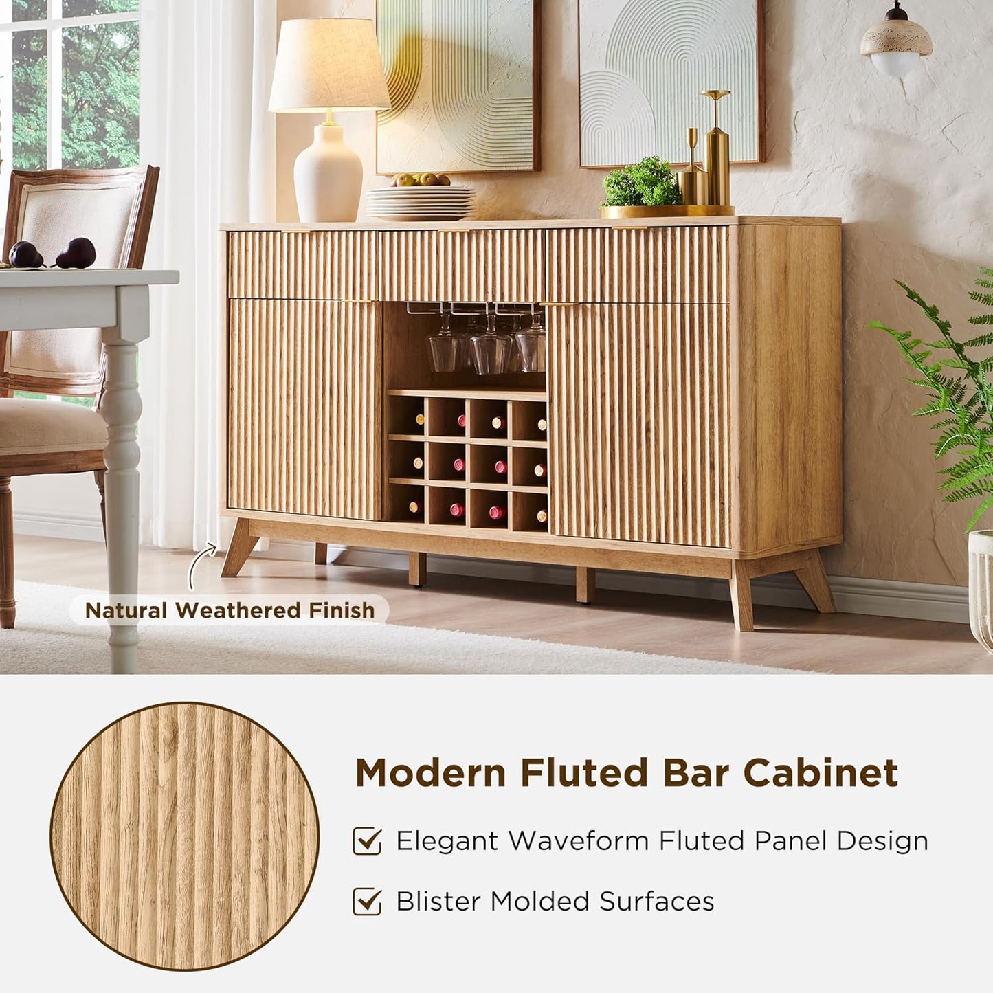 OKD 60" Fluted Buffet Cabinet with Storage - 3 Drawers and 2 Doors, Mordern Wine & Coffee Bar Cabinet with Wine and Glass Racks, Sideboard with Adjustable Shelves for Kitchen, Dining Room,Natural Oak