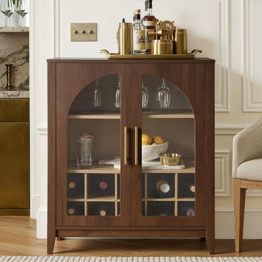 Wine Bar Cabinet with Glass Doors, 31.5" Liquor Cabinet with Wine and Glass Rack, Mid Century Modern Sideboard Buffet Cabinet with Storage for Living Room Kitchen Dining Room, Walnut