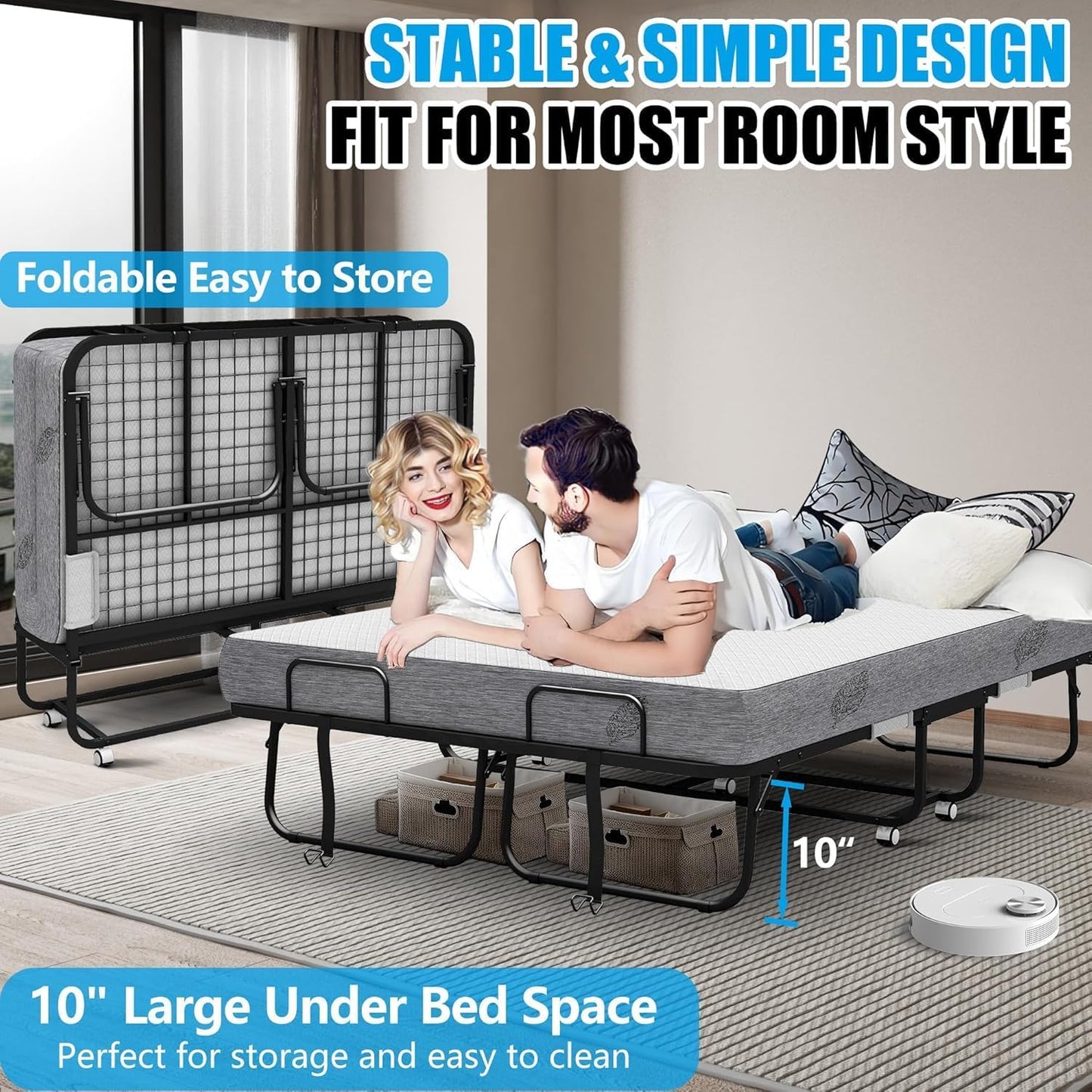 Folding Bed with Mattress 75 x 54 Full Size for Adults Rollaway Bed Fold Up Foldable Portable Extra Large Spare Guest Beds on Wheels for Home School Dorm Office Hospital