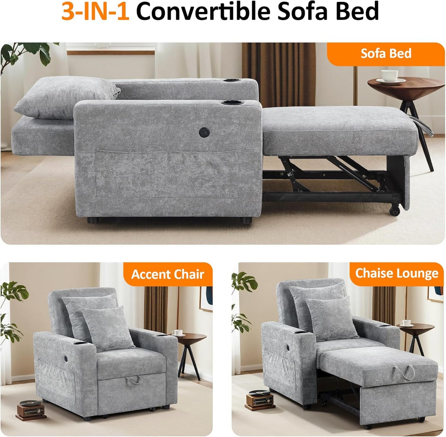 MCombo Convertible Sleeper Chair Bed, 3-in-1 Folding Sofa Chair with Adjustable Backrest, Pull-Out Bed with USB Port, Cup Holders, Linen Fabric, for Small Spaces Living Room Guest Room Office VN6001
