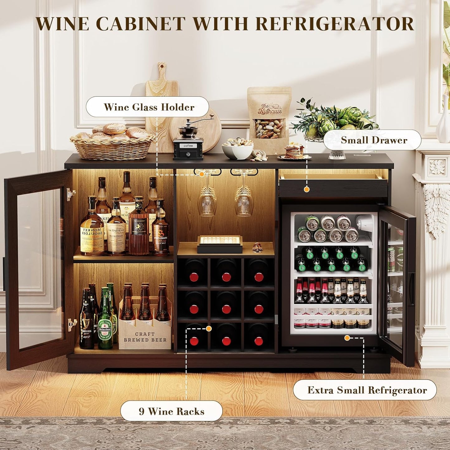 Wine Bar Cabinet with Fridge (Included), Liquor Coffee Cabinet with LED Lights & Rack, Mini Fridge Cabinet with Storage, Human Body Sensor, Sideboard Buffet for Kitchen Dining Room, Black