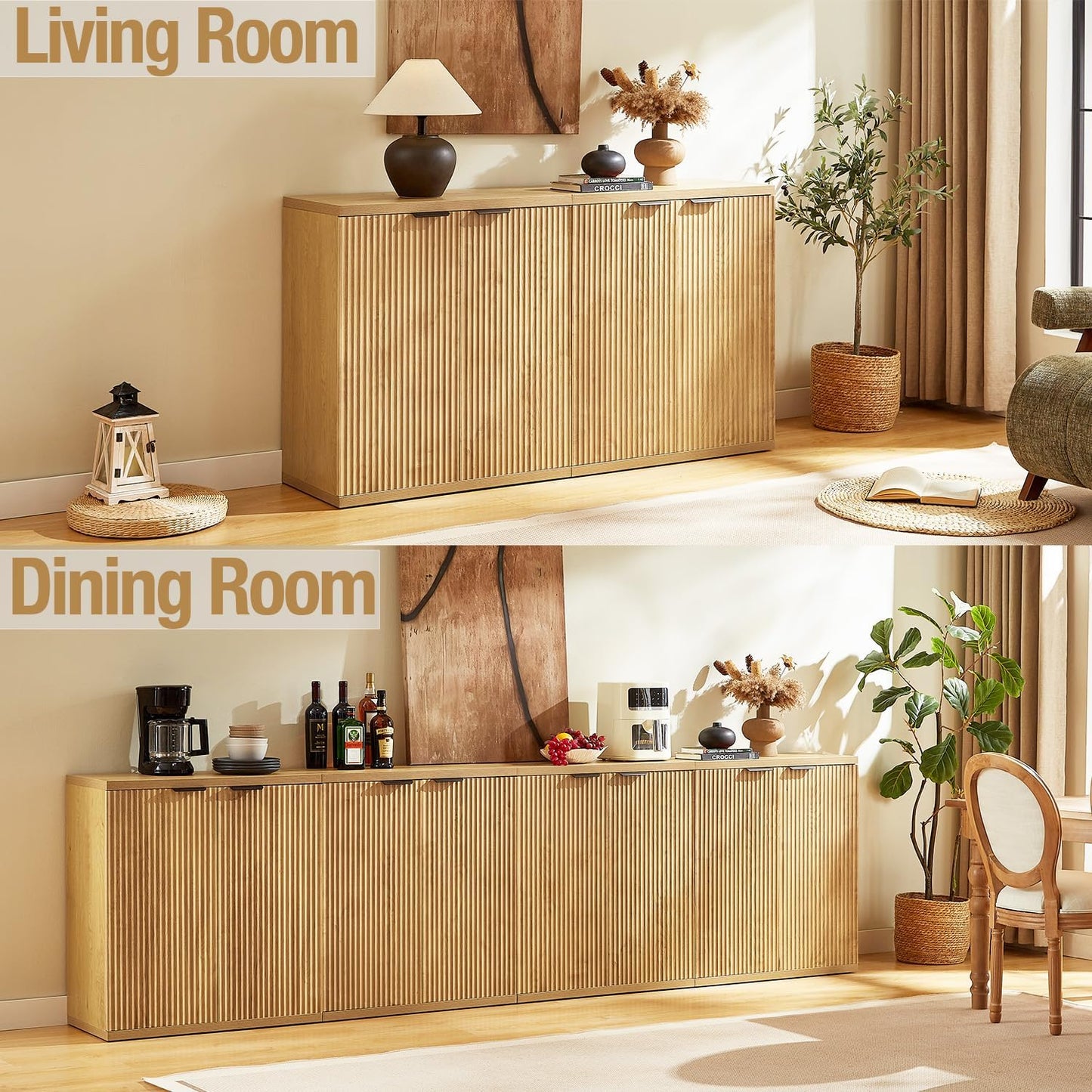 Buffet Cabinet with Storage Accent Sideboard, 96'' Sideboard Fluted Modern Boho Credenza with Door, Mid Century TV Stand, Minimalist Coffee Bar Console Table for Living Room, Dining Room