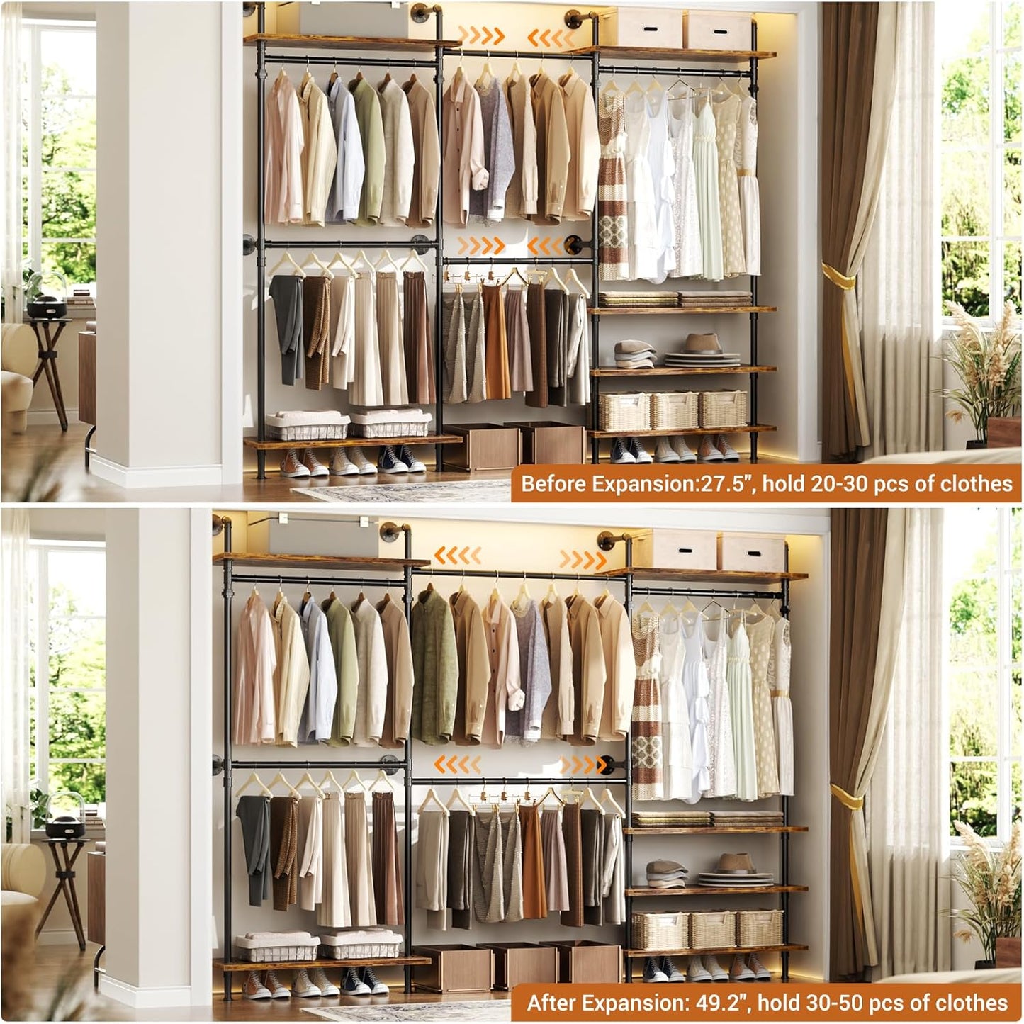 Aheaplus Industrial Pipe Clothing Rack, Expandable Garment Rack, Closet System with Wood Shelves for Hanging,Wall Mounted Clothing Rack, Adjustable Storage Wardrobe for Walk in Closets, Rustic Brown