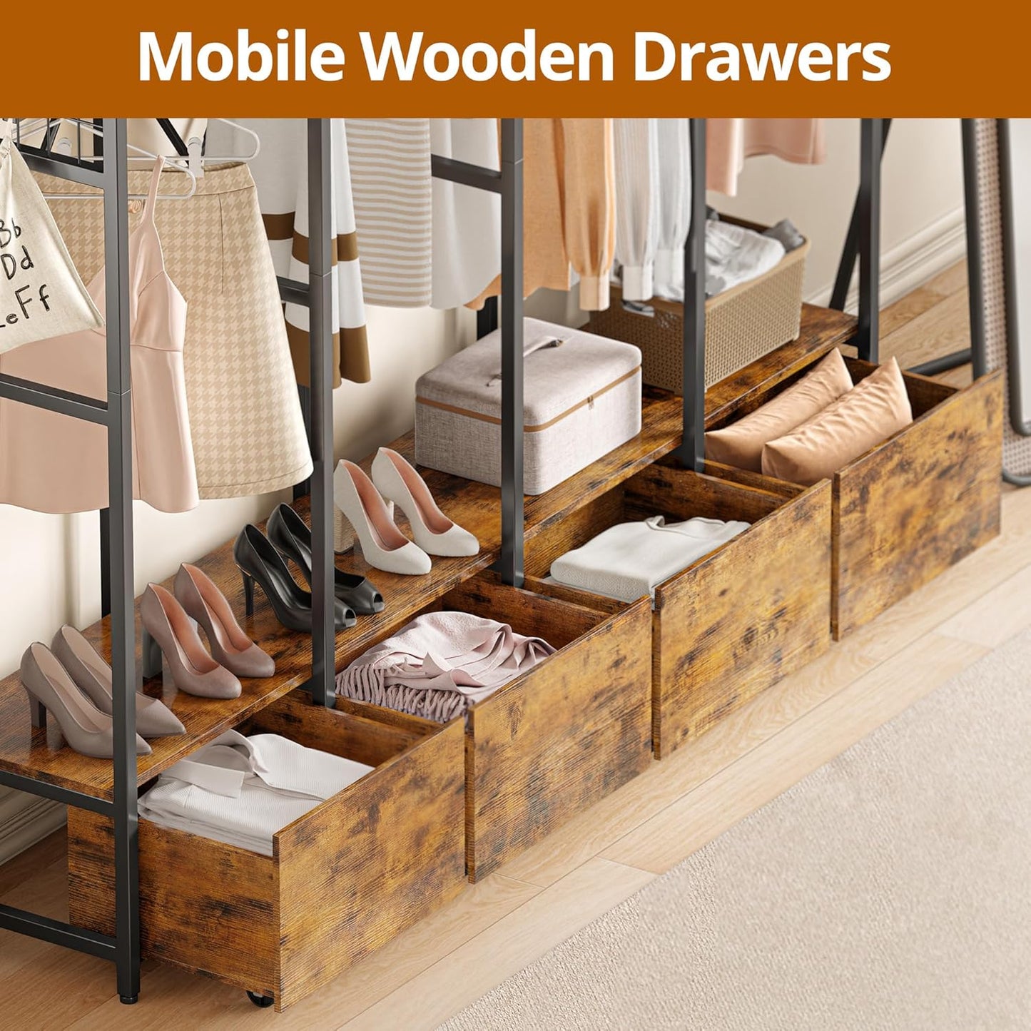 IRONCK Garment Racks and Storage Shelves, Heavy Duty Clothes Rack with 4 Wooden Drawers and Hanging Rods, Freestanding Closet Wardrobe Rack, Vintage Brown