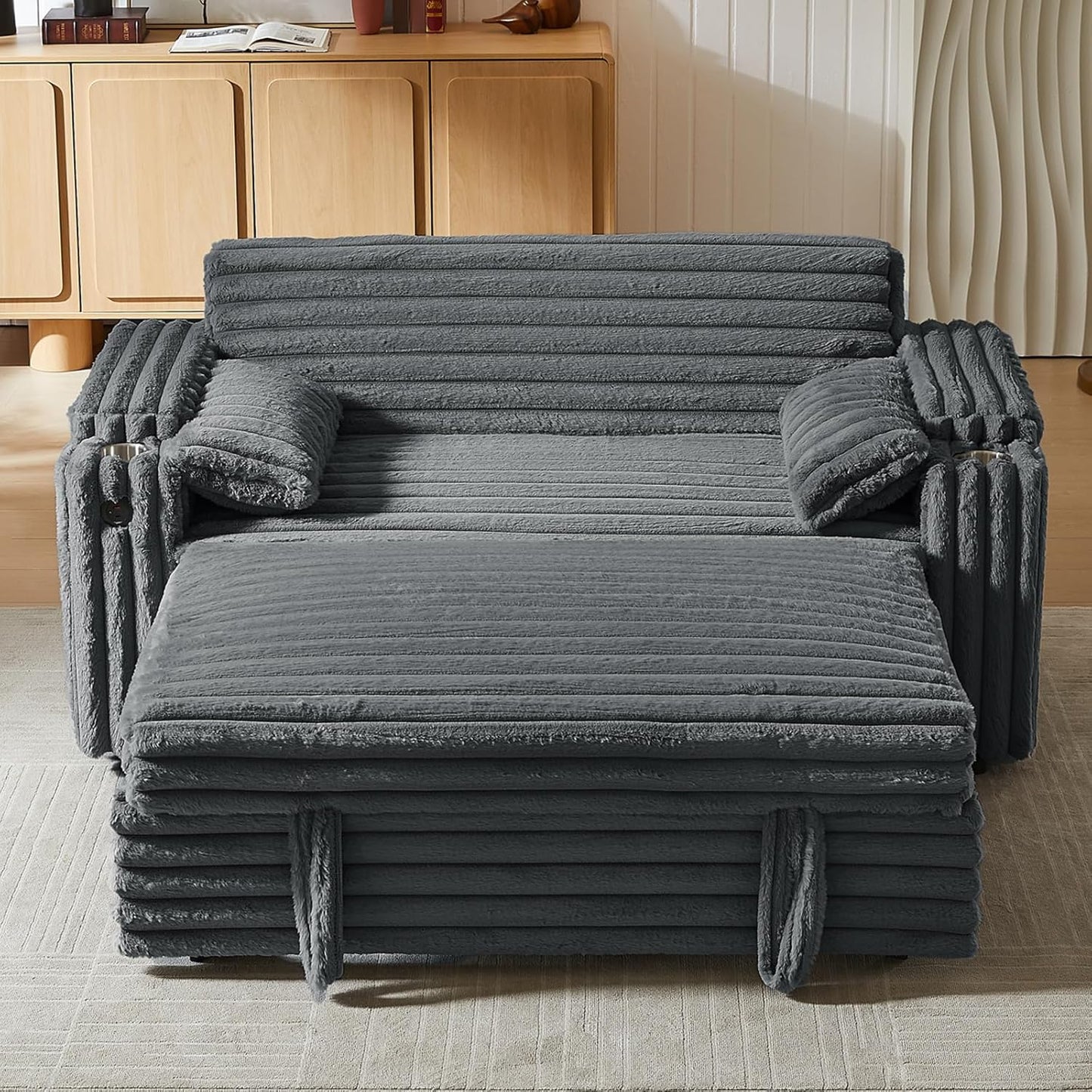 65'' 3-in-1 Folding Convertible Sofa Bed, Pullout Sofa, Modern Chenille Fabric, 360° Swivel Side Table, Easy Assembly, Perfect for Living Room, Black