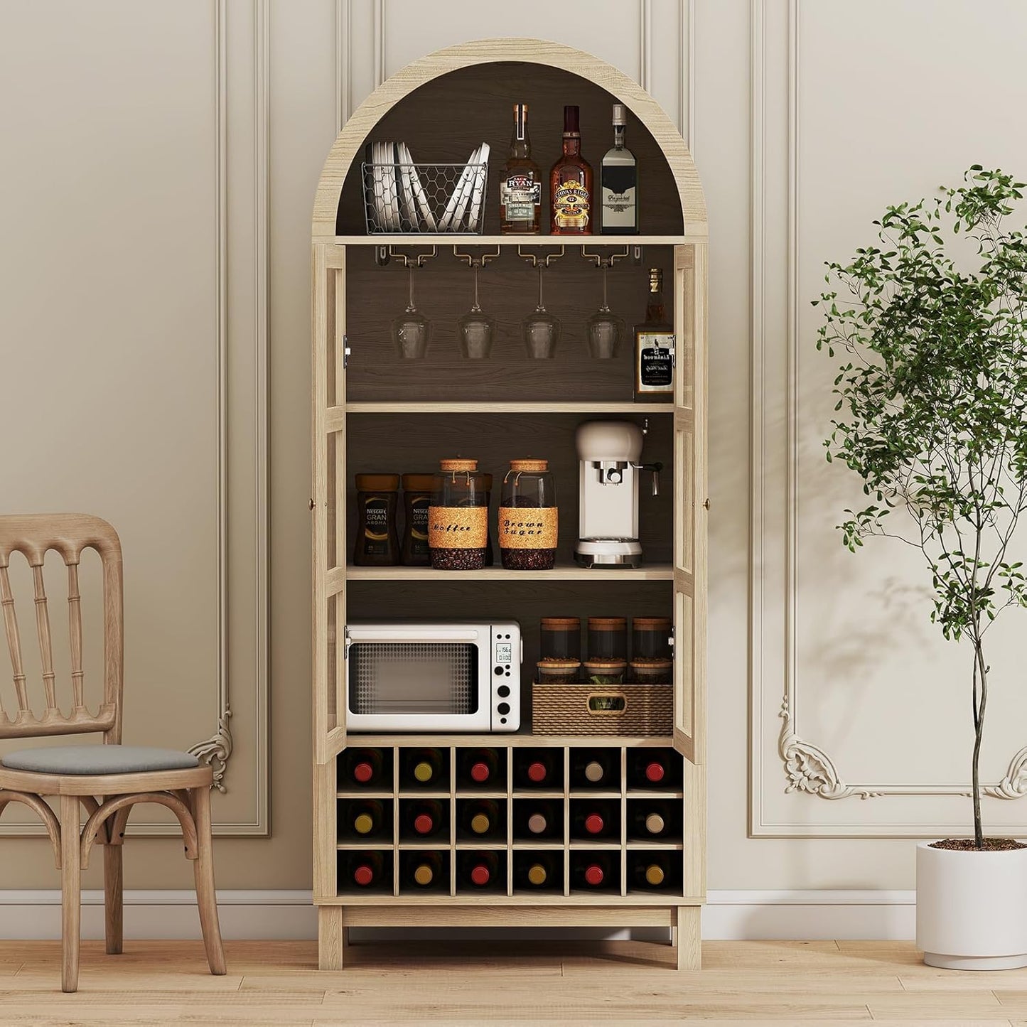 EAG 72" Tall Arched Wine Cabinet with Glass Door, Rustic Coffee Bar Storage Cabinet with Wine Rack, Storage Shelves Large Liquor Cabinet for Dining Room, Kitchen Oak