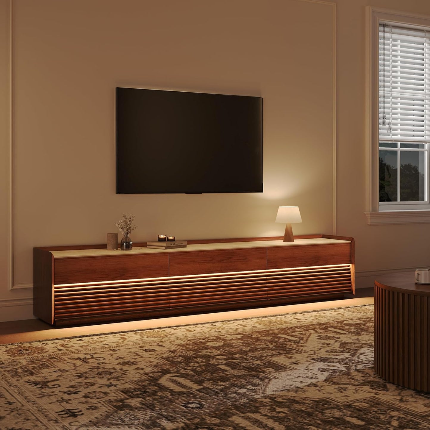 POVISON Fully-Assembled Mid Century Matte Sintered Stone TV Stand, 94.49" Wood Media Console with Adjustable LED Light, Entertainment Center with Storage for Living Room
