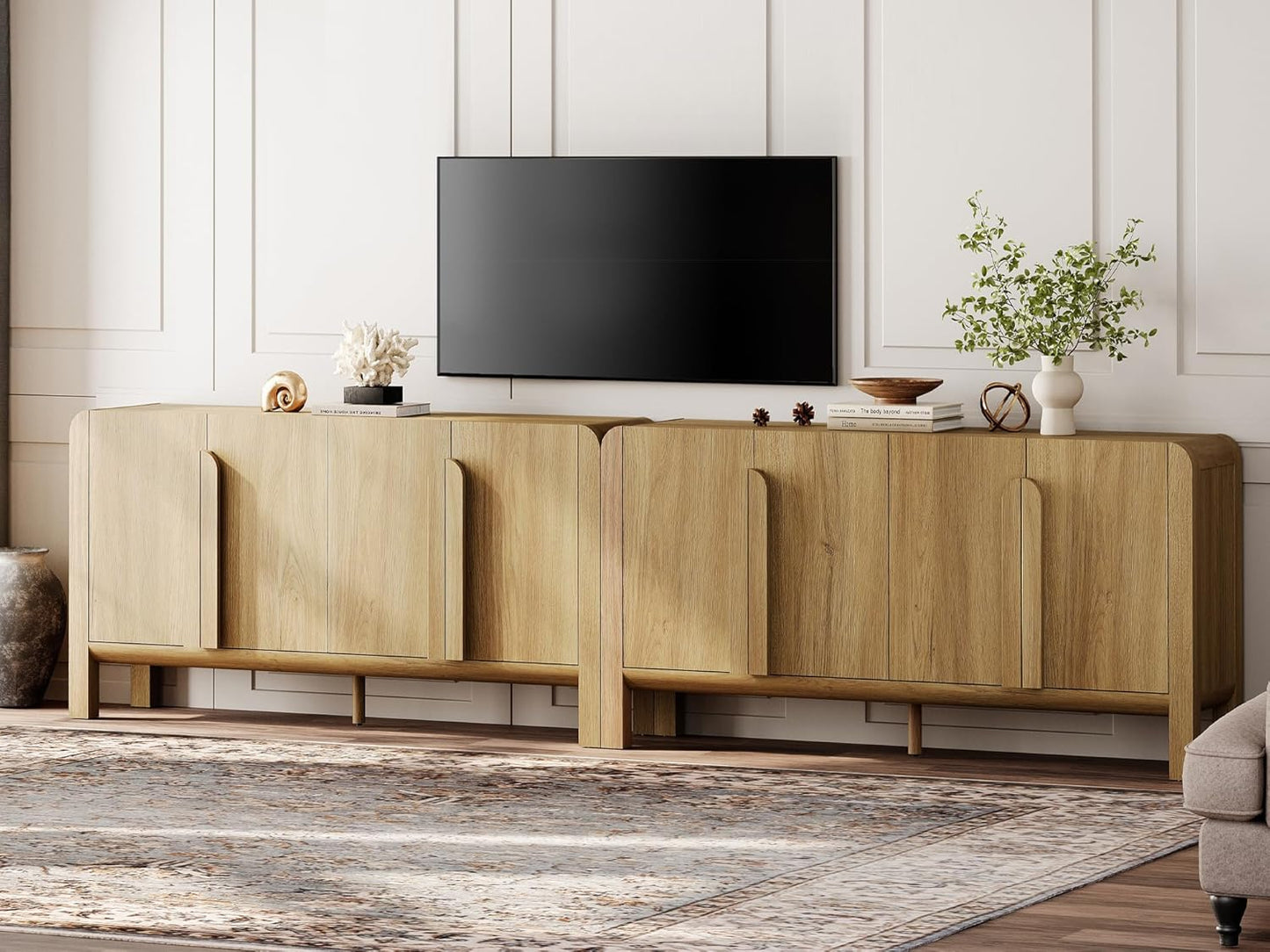 WAMPAT Modern TV Stand for TVs Up to 120 inches, 126" W Farmhouse Entertainment Center with Adjustable Shelf and 4 Doors, Media Console Table TV Cabinet for Living Room, Light Oak