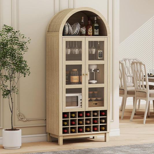 EAG 72" Tall Arched Wine Cabinet with Glass Door, Rustic Coffee Bar Storage Cabinet with Wine Rack, Storage Shelves Large Liquor Cabinet for Dining Room, Kitchen Oak