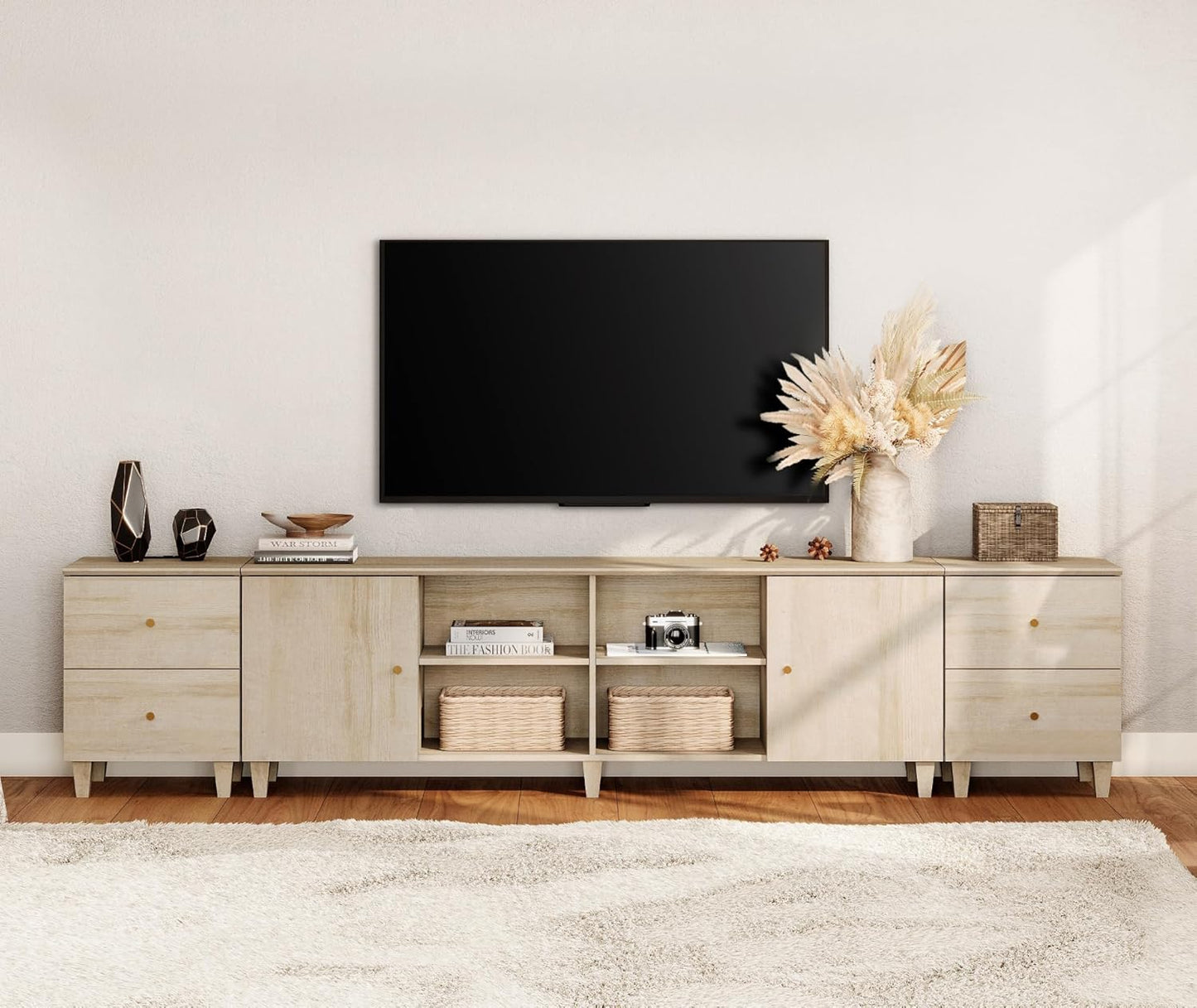 WAMPAT 3-in-1 TV Stand w/Doors&Charging Station, 105" Modern Wood Entertainment Center Media Console for 110+ inch TVs, TV Cabinet w/Shelves&4 Drawers for Living Room, Bedroom, Light Oak