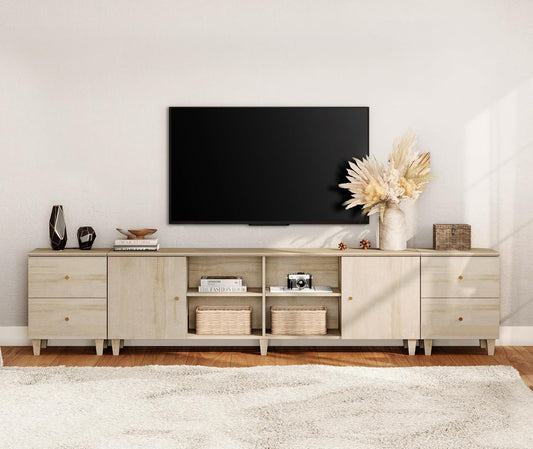 WAMPAT 3-in-1 TV Stand w/Doors&Charging Station, 105" Modern Wood Entertainment Center Media Console for 110+ inch TVs, TV Cabinet w/Shelves&4 Drawers for Living Room, Bedroom, Light Oak