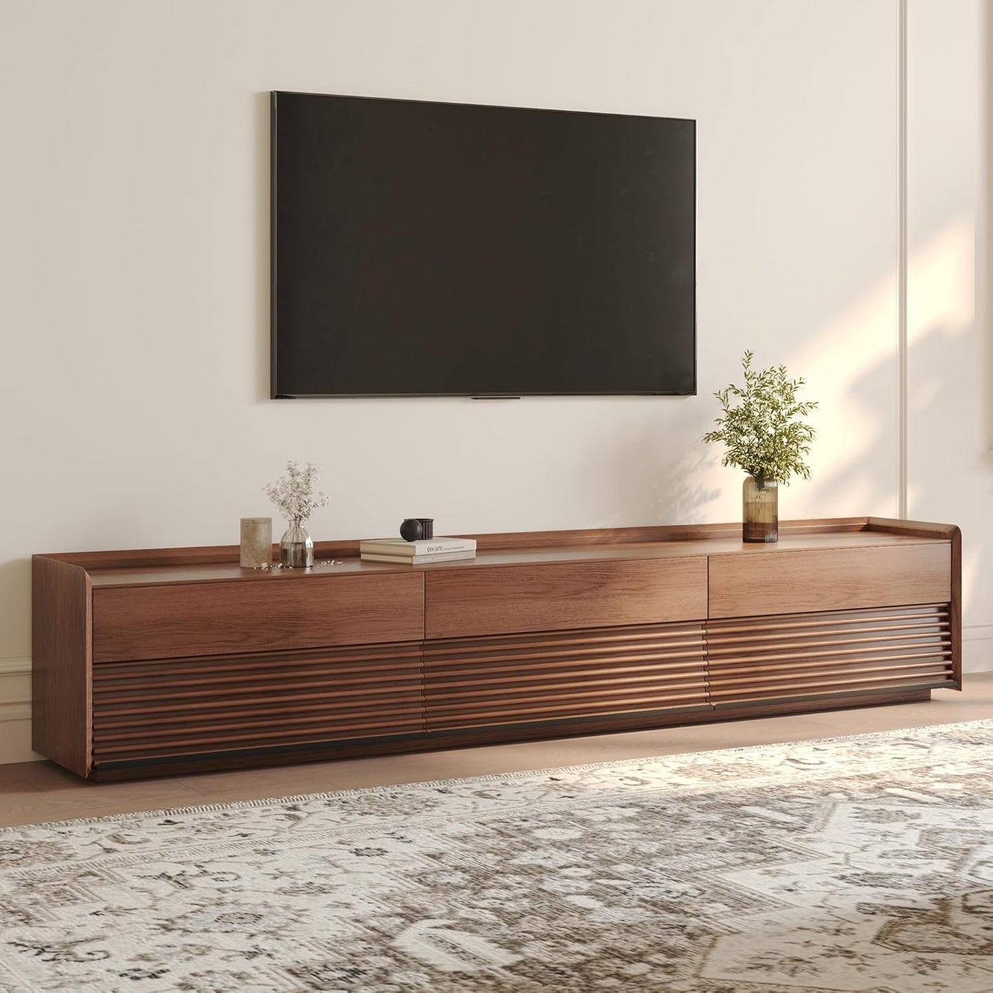 POVISON Fully-Assembled Mid Century Matte Sintered Stone TV Stand, 94.49" Wood Media Console with Adjustable LED Light, Entertainment Center with Storage for Living Room