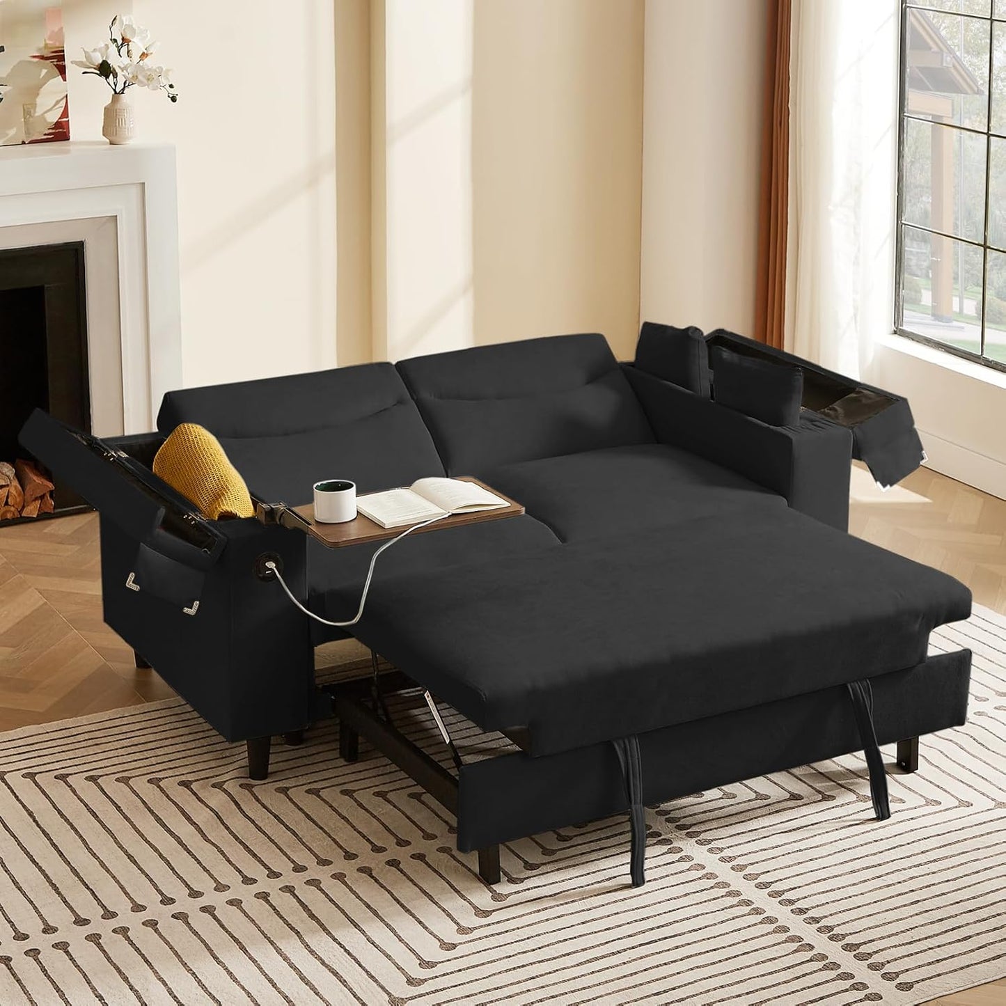 65'' 3-in-1 Folding Convertible Sofa Bed, Pullout Sofa, Modern Chenille Fabric, 360° Swivel Side Table, Easy Assembly, Perfect for Living Room, Black