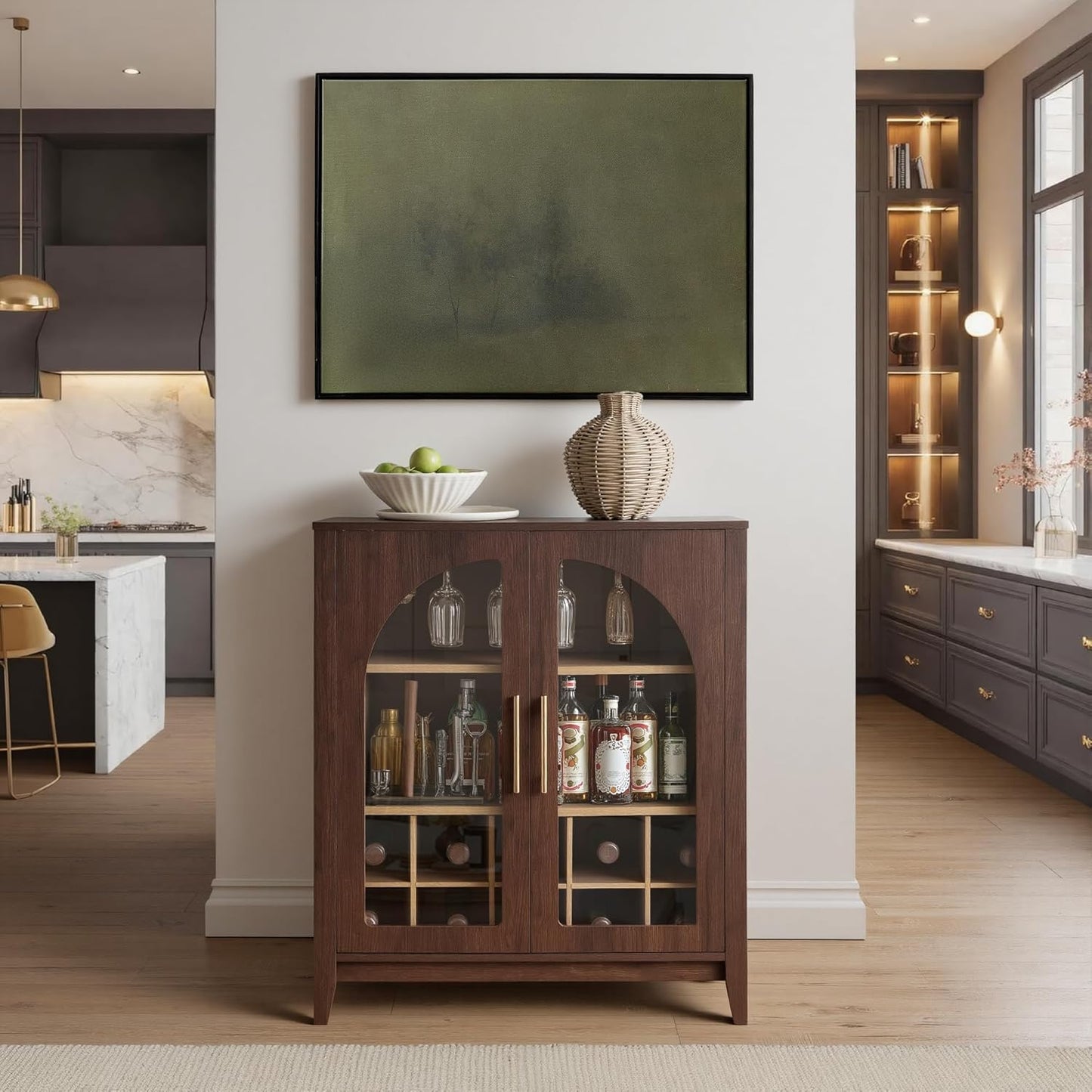 Wine Bar Cabinet with Glass Doors, 31.5" Liquor Cabinet with Wine and Glass Rack, Mid Century Modern Sideboard Buffet Cabinet with Storage for Living Room Kitchen Dining Room, Walnut
