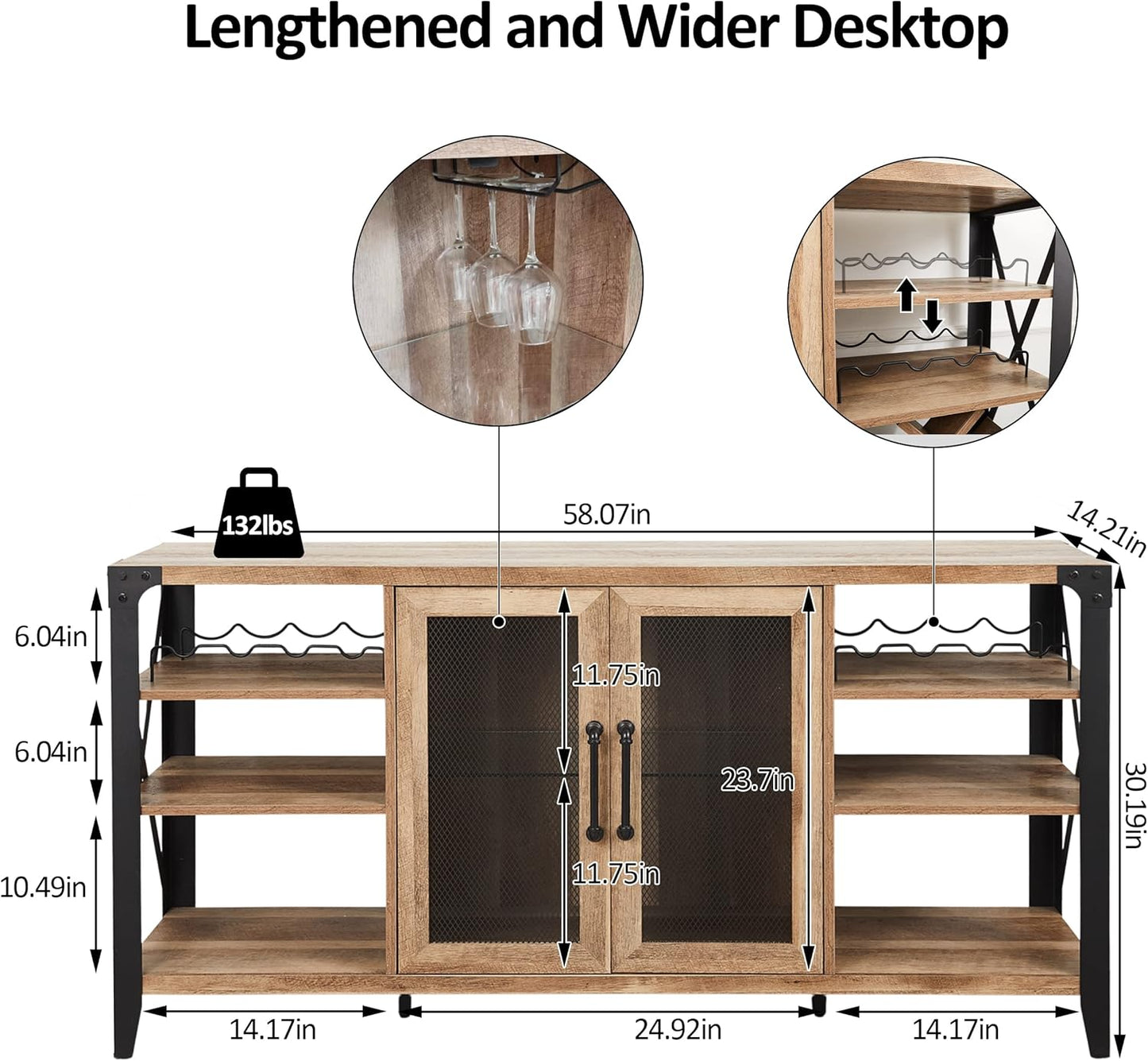 Vabches 58" Wine Cabinet with Wine Rack Storage,Home Bar for Liquor and Glasses, Farmhouse Coffee Bar Cabinet, Liquor Cabinet for Home Living Room Dining Room