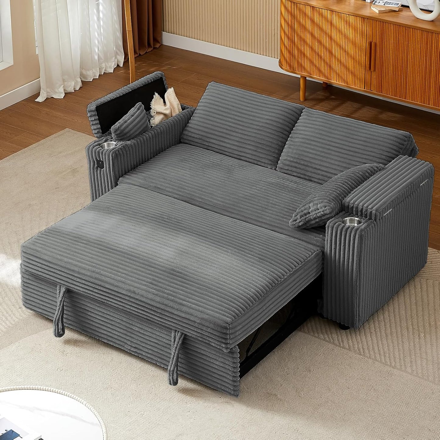 65'' 3-in-1 Folding Convertible Sofa Bed, Pullout Sofa, Modern Chenille Fabric, 360° Swivel Side Table, Easy Assembly, Perfect for Living Room, Black