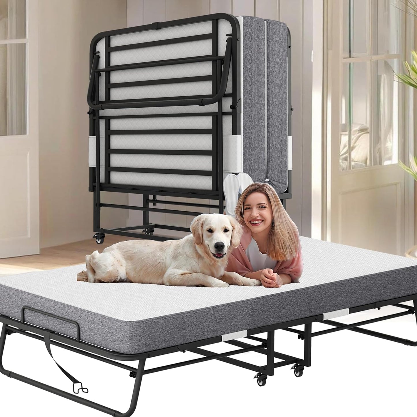 Folding Bed with Mattress 75 x 54 Full Size for Adults Rollaway Bed Fold Up Foldable Portable Extra Large Spare Guest Beds on Wheels for Home School Dorm Office Hospital