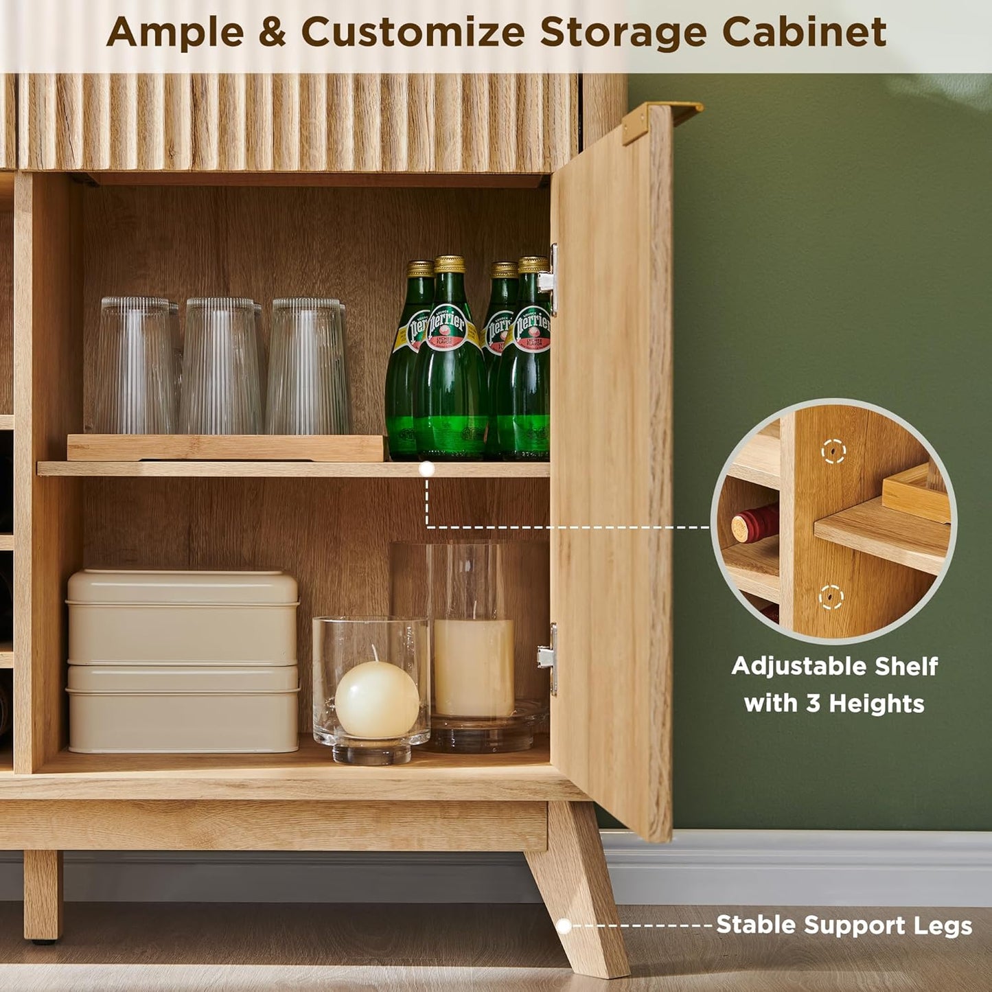 OKD 60" Fluted Buffet Cabinet with Storage - 3 Drawers and 2 Doors, Mordern Wine & Coffee Bar Cabinet with Wine and Glass Racks, Sideboard with Adjustable Shelves for Kitchen, Dining Room,Natural Oak
