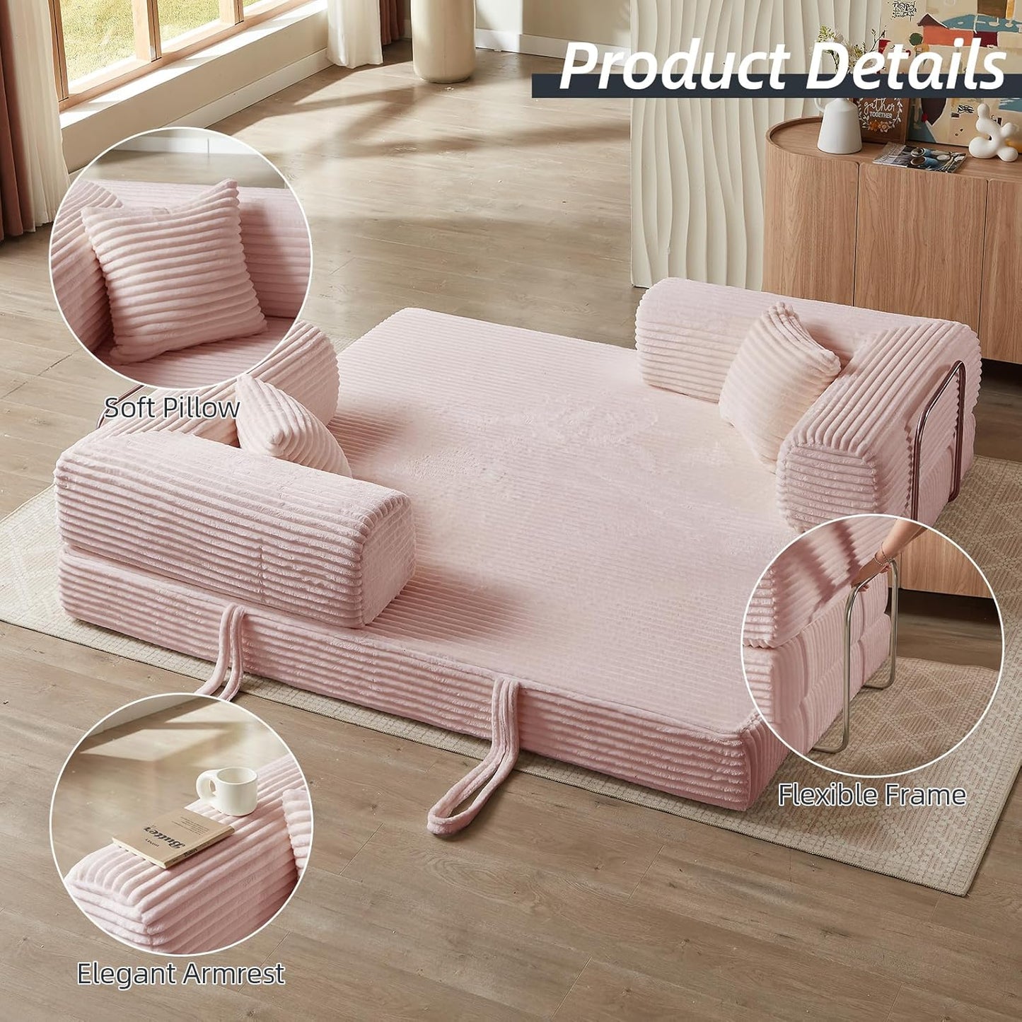 4-in-1 Convertible Folding Sleeper Sofa Bed, Plush Corduroy Foldable Mattress Couch with Fixed-Shape Frame, Floor Compressed Sofa for Living Room, Bedroom (Pink)