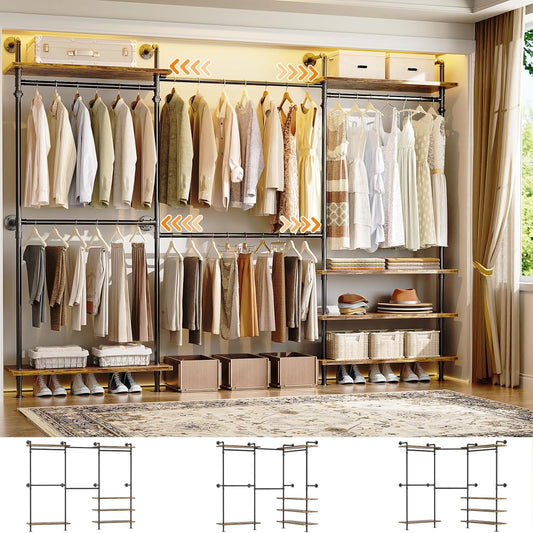 Aheaplus Industrial Pipe Clothing Rack, Expandable Garment Rack, Closet System with Wood Shelves for Hanging,Wall Mounted Clothing Rack, Adjustable Storage Wardrobe for Walk in Closets, Rustic Brown