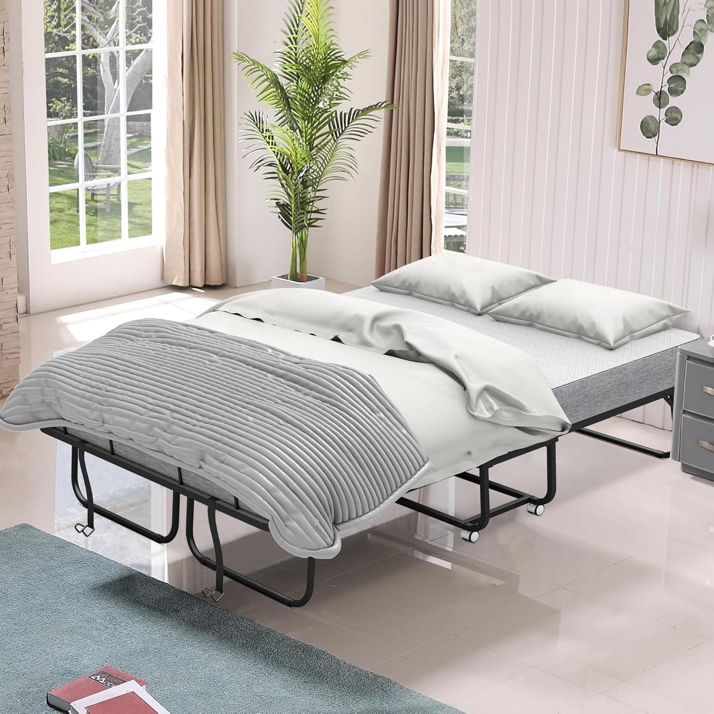 Full Size Folding Bed with Mattress - Extra Large Size 75''x54'' Foldable Rollaway Bed for Guest, Space Saving Fold Up for Easy Storage