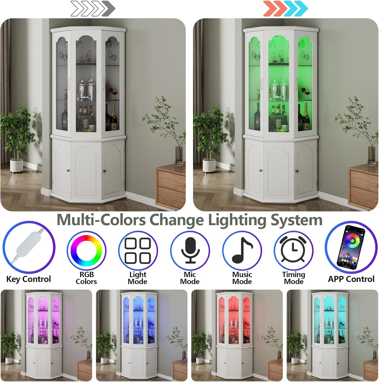 Corner Bar Cabinet w/LED Lights, Tall Modern Wine Cabinet with Tempered Glass Door & Adjustable Shelves, Home Bar Liquor Storage Cabinet with Glass Rack for Living Room, Dining Room (White)