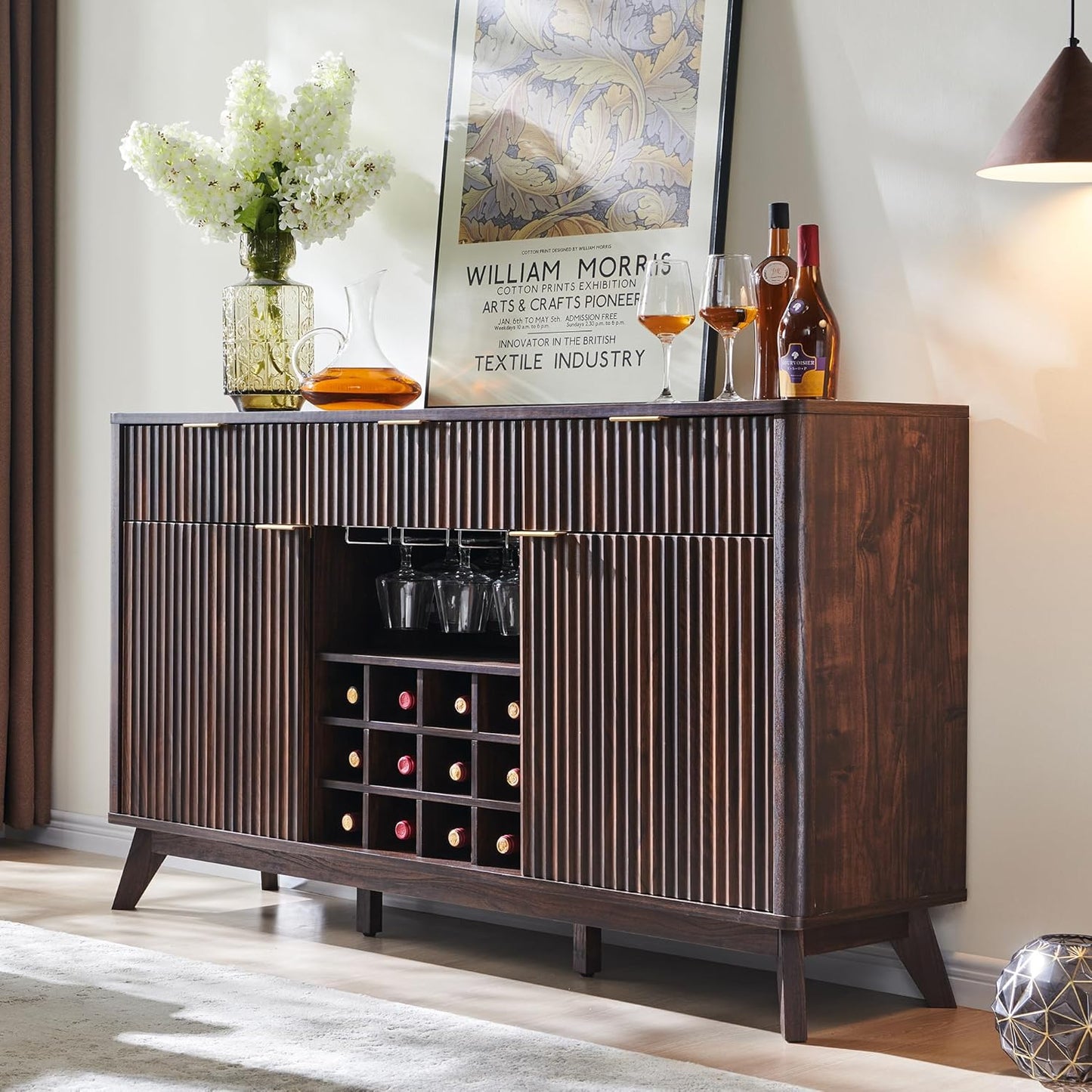 OKD 60" Fluted Buffet Cabinet with Storage - 3 Drawers and 2 Doors, Mordern Wine & Coffee Bar Cabinet with Wine and Glass Racks, Sideboard with Adjustable Shelves for Kitchen, Dining Room,Natural Oak