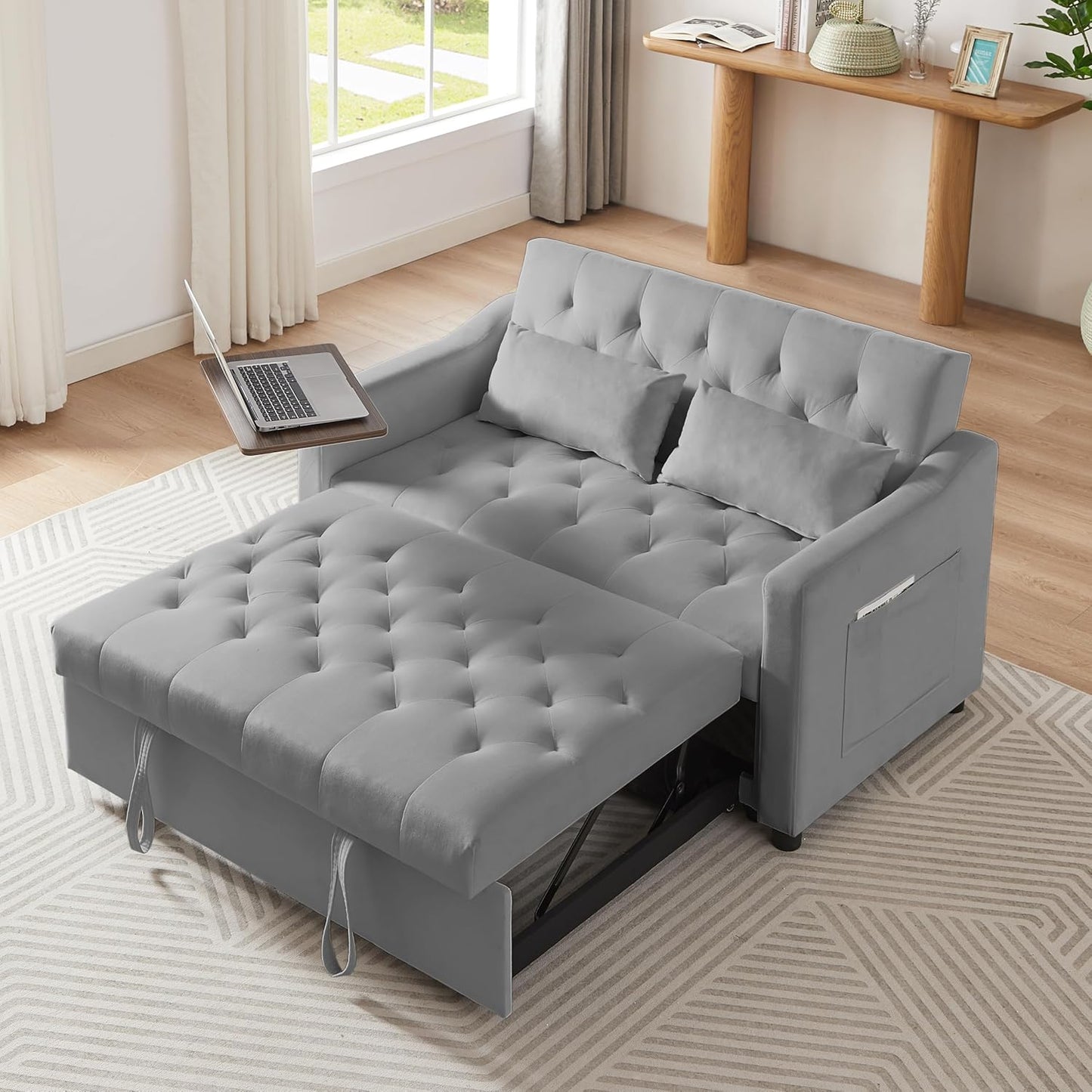 65'' 3-in-1 Folding Convertible Sofa Bed, Pullout Sofa, Modern Chenille Fabric, 360° Swivel Side Table, Easy Assembly, Perfect for Living Room, Black