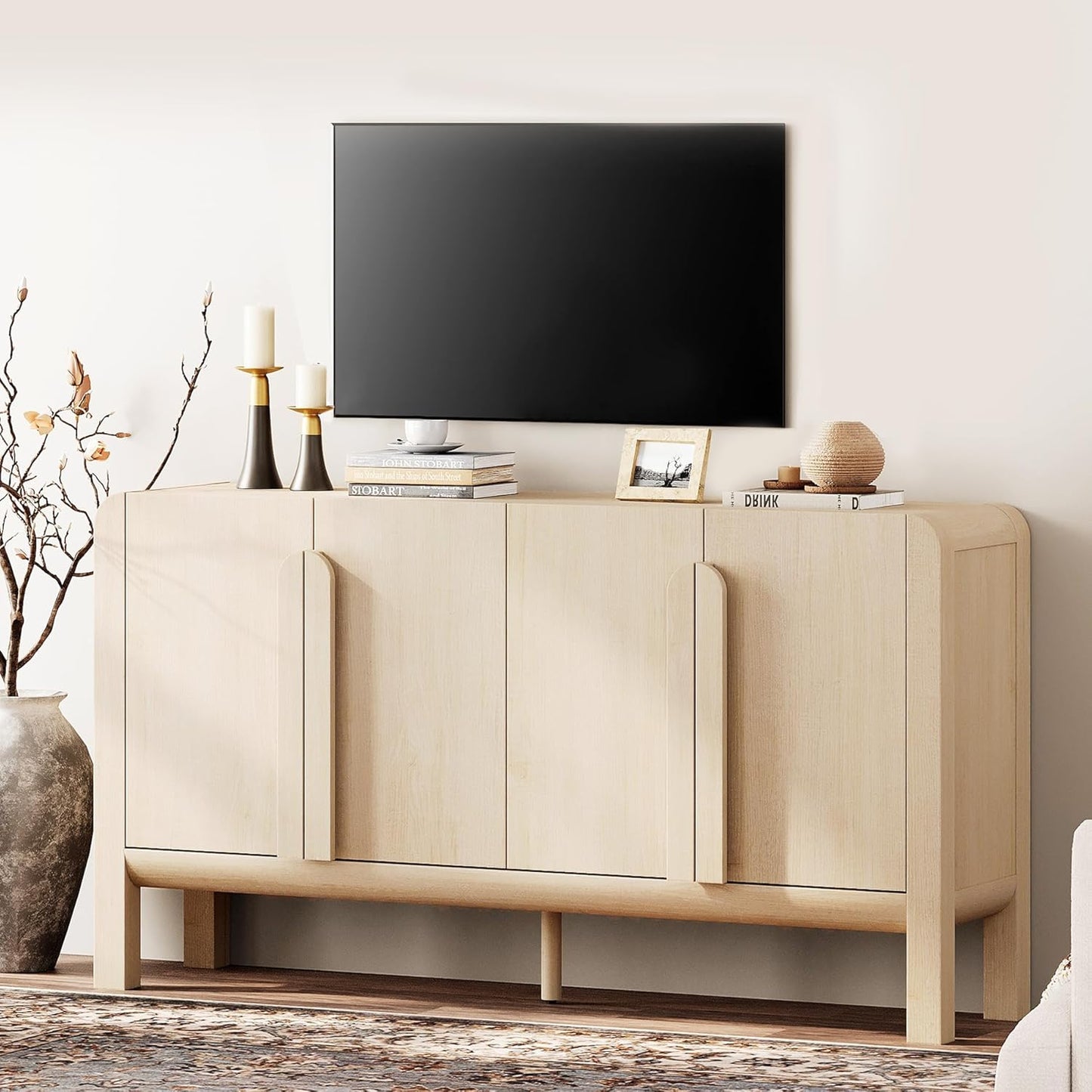 WAMPAT Modern TV Stand for TVs Up to 120 inches, 126" W Farmhouse Entertainment Center with Adjustable Shelf and 4 Doors, Media Console Table TV Cabinet for Living Room, Light Oak