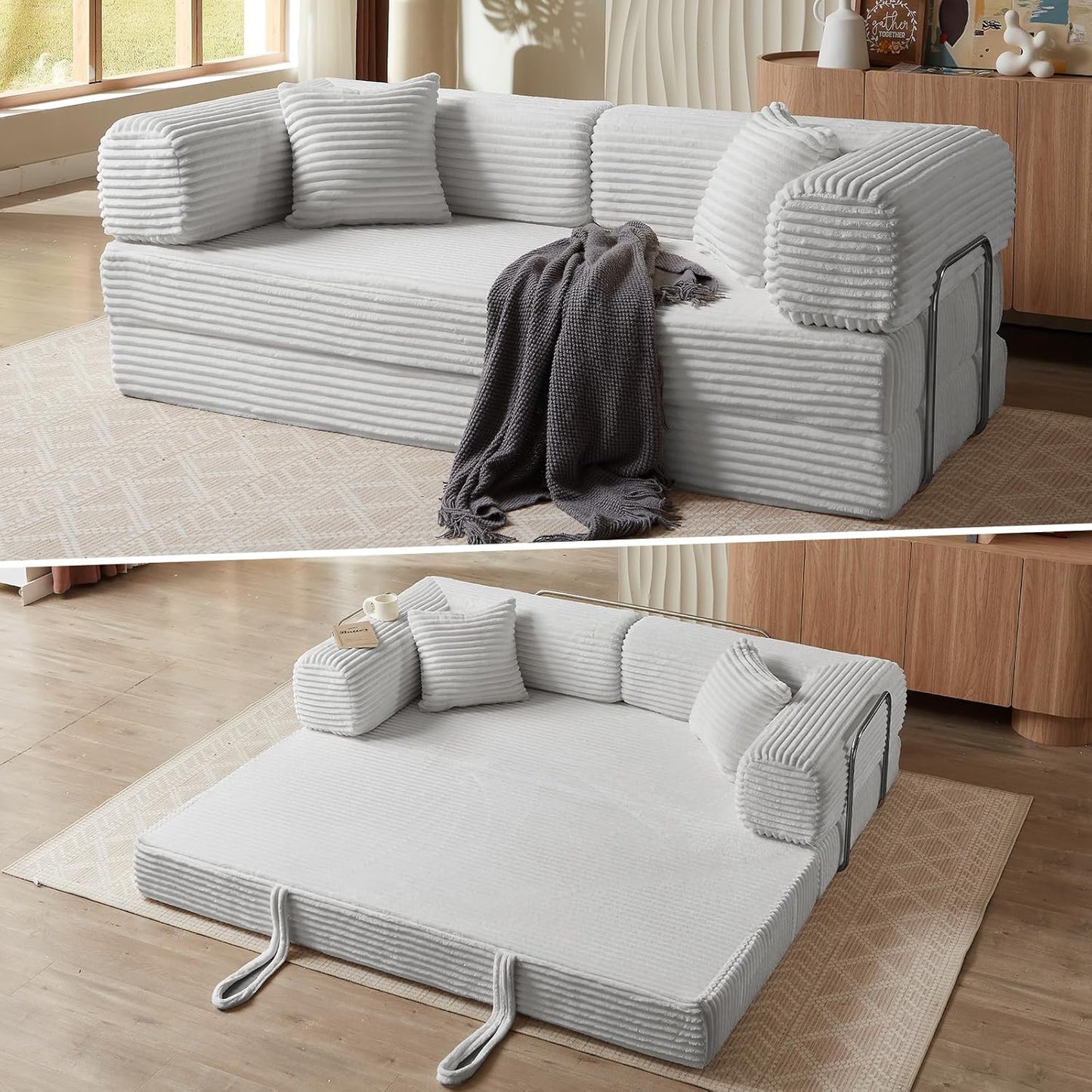 4-in-1 Convertible Folding Sleeper Sofa Bed, Plush Corduroy Foldable Mattress Couch with Fixed-Shape Frame, Floor Compressed Sofa for Living Room, Bedroom (Pink)