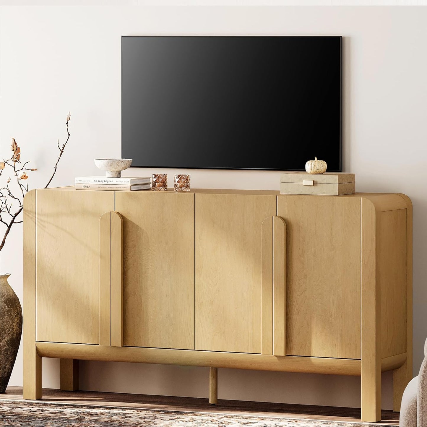 WAMPAT Modern TV Stand for TVs Up to 120 inches, 126" W Farmhouse Entertainment Center with Adjustable Shelf and 4 Doors, Media Console Table TV Cabinet for Living Room, Light Oak