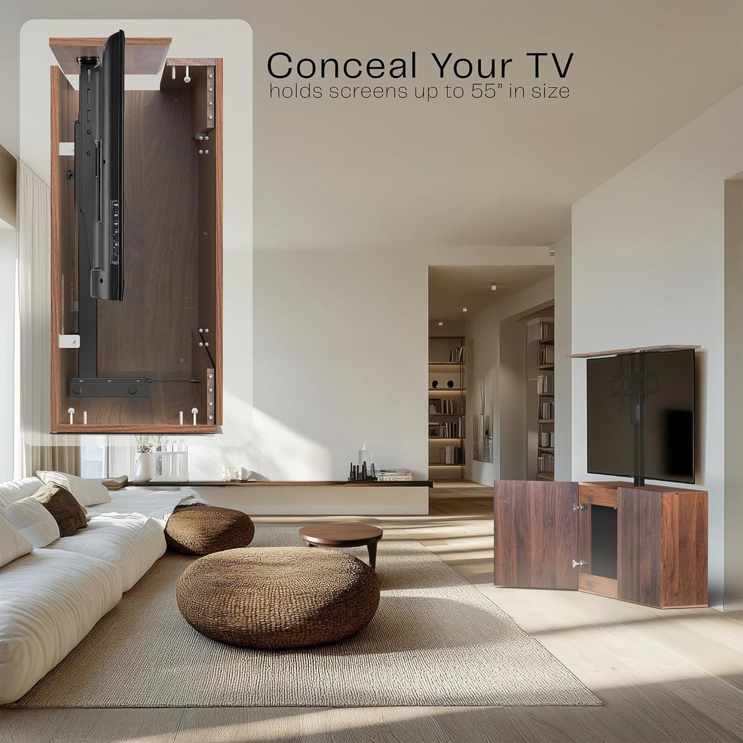 VIVO Walnut TV Cabinet with Motorized Vertical Lift Television Stand, Holds 32 to 55 inch TVs up to 44 lbs, CASE-KIT-EUP1WN