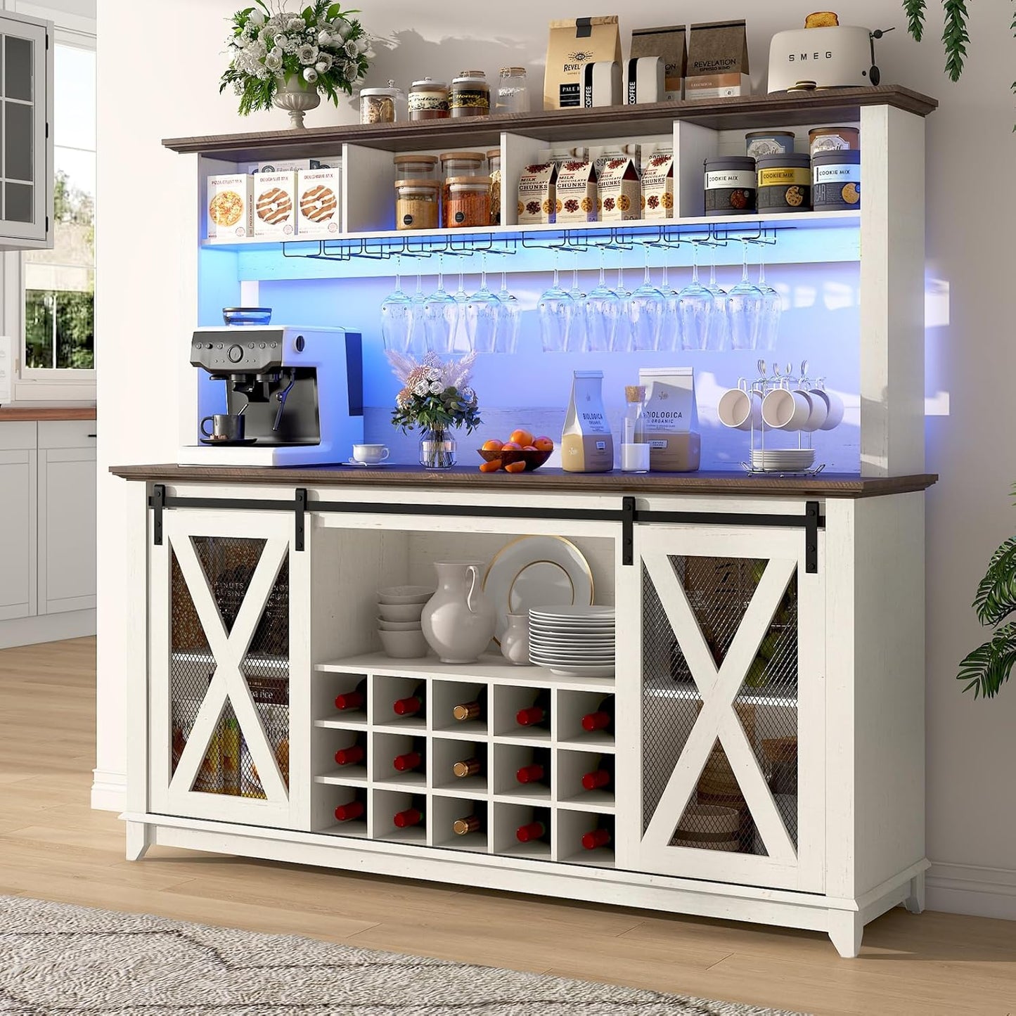 63"Wide 58"H Farmhouse Coffee Bar Cabinet with LED Light,Wine Bar Cabinet w/ 4 Storage Hutch,Kitchen Buffet Cabinet w/Sliding Barn Door & 15 Wine and Glass Racks for Kitchen Dining Room(Brown)