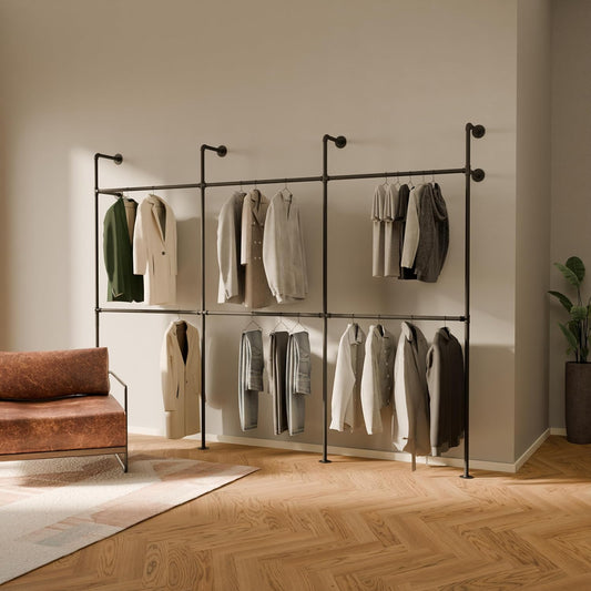 pamo Industrial Pipe Clothing Rack – Wall Mounted Black Closet System in Powder-Coated Steel – 116.54" W × 87.4" H – Easy Setup – Ideal for Walk-In Closets & Retail Use