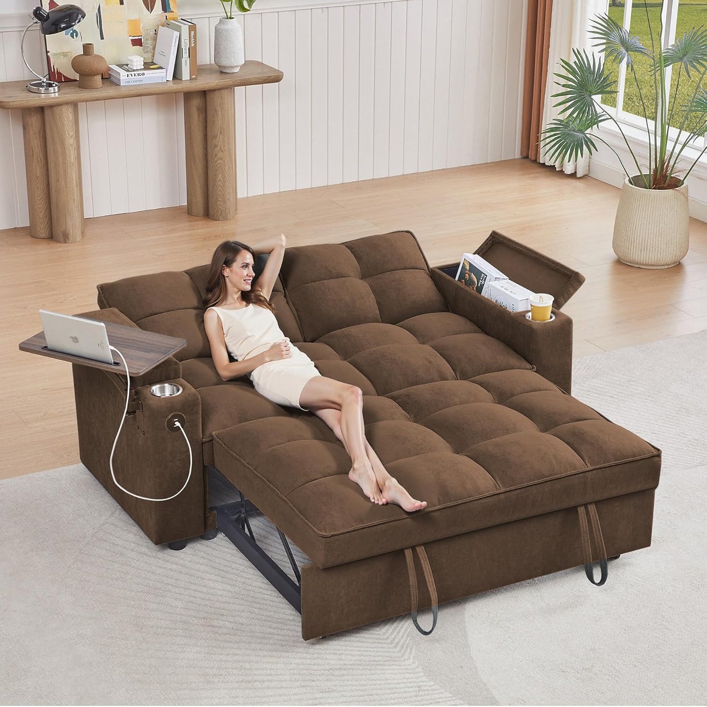 65'' 3-in-1 Folding Convertible Sofa Bed, Pullout Sofa, Modern Chenille Fabric, 360° Swivel Side Table, Easy Assembly, Perfect for Living Room, Black