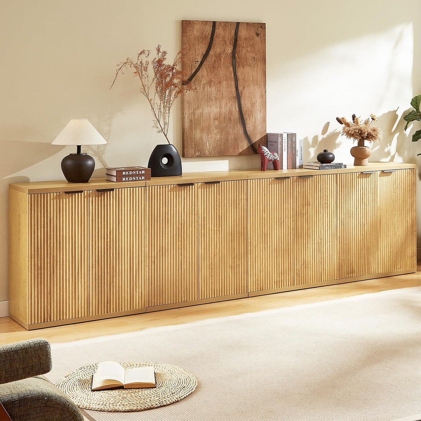 Buffet Cabinet with Storage Accent Sideboard, 96'' Sideboard Fluted Modern Boho Credenza with Door, Mid Century TV Stand, Minimalist Coffee Bar Console Table for Living Room, Dining Room