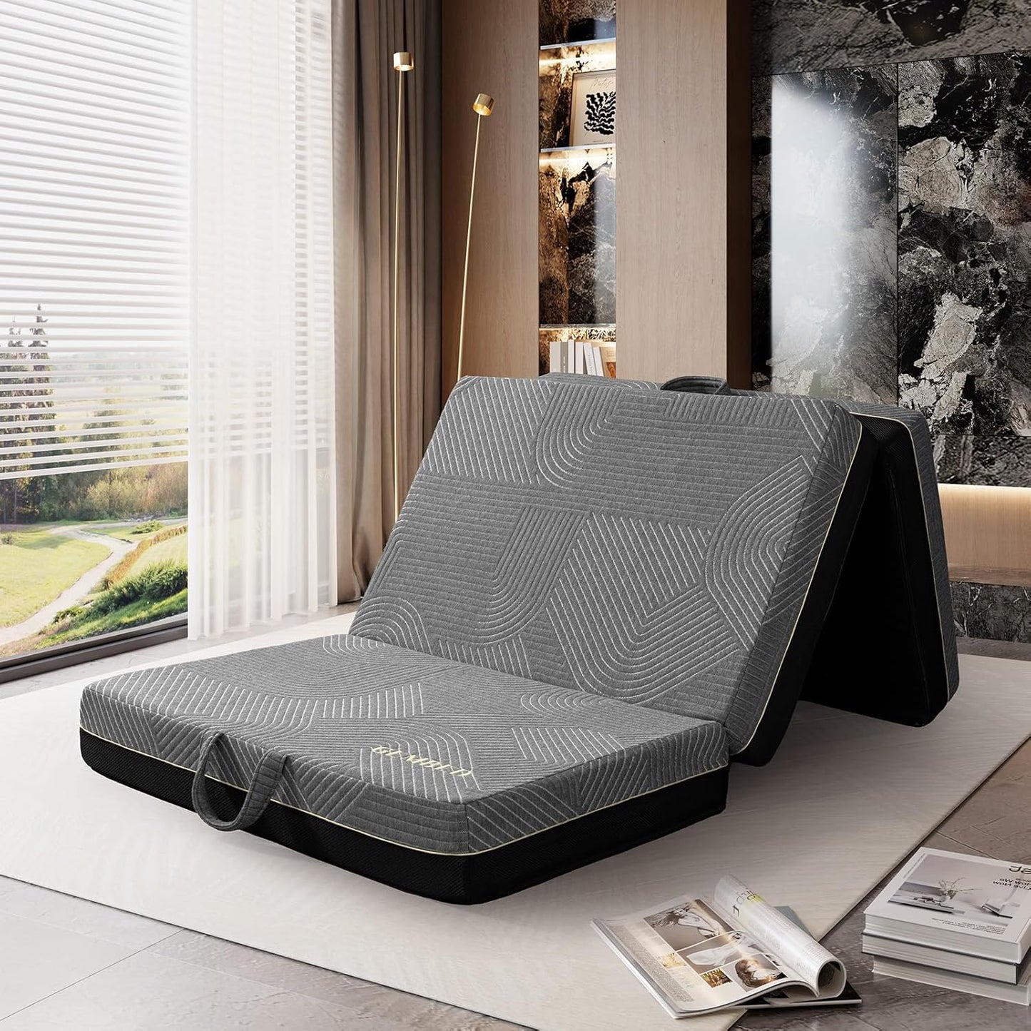 Tri Folding Mattress Queen Size - Memory Foam Tri-fold Handle & Non-Slip Bottom, Portable Foldable Sofa Bed Floor Chair for Travel RV Camping Guest Yoga - 6 Inch, 78"x58"x6"