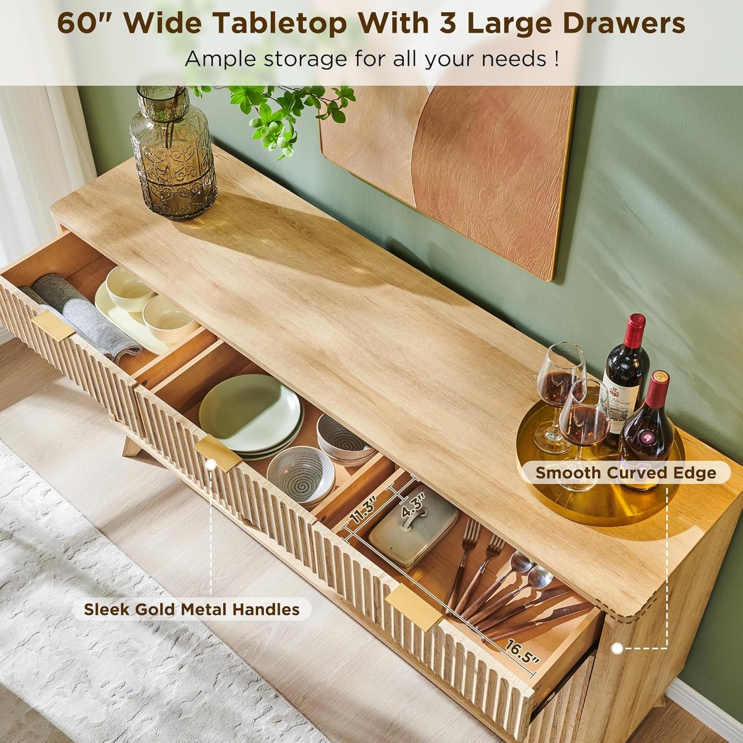 OKD 60" Fluted Buffet Cabinet with Storage - 3 Drawers and 2 Doors, Mordern Wine & Coffee Bar Cabinet with Wine and Glass Racks, Sideboard with Adjustable Shelves for Kitchen, Dining Room,Natural Oak