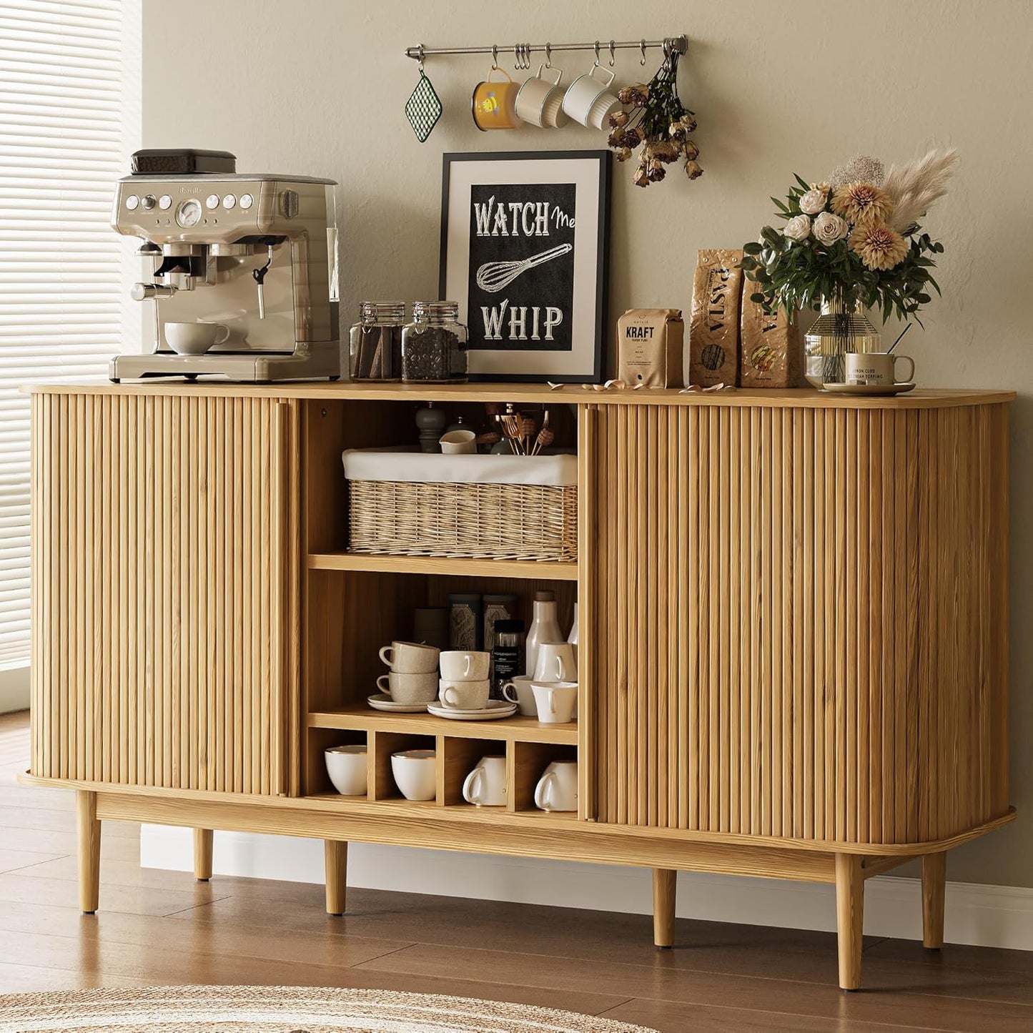 Coffee Bar with Storage, 59 inch Coffee Bar Cabinet with Fluted Slide Tambour Doors, Wine Bar Cabinet with 4 Wine Racks for Living Room, Kitchen, Entryway, Natural