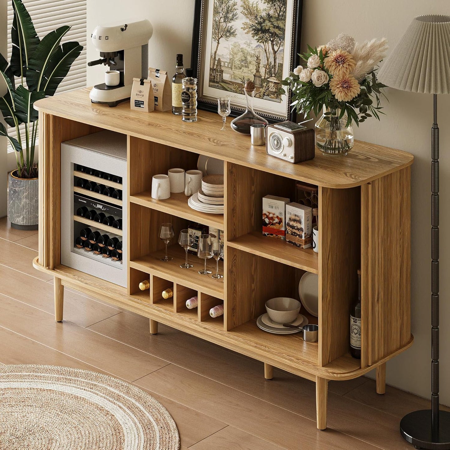 Coffee Bar with Storage, 59 inch Coffee Bar Cabinet with Fluted Slide Tambour Doors, Wine Bar Cabinet with 4 Wine Racks for Living Room, Kitchen, Entryway, Natural