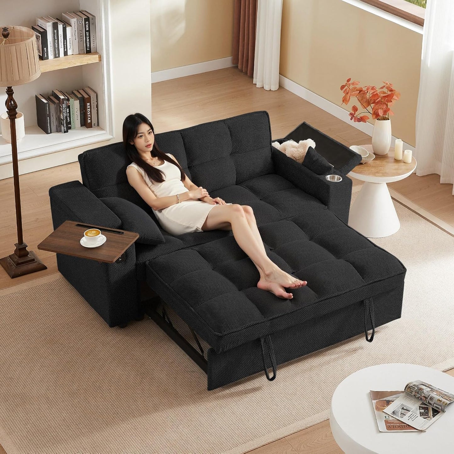 65'' 3-in-1 Folding Convertible Sofa Bed, Pullout Sofa, Modern Chenille Fabric, 360° Swivel Side Table, Easy Assembly, Perfect for Living Room, Black