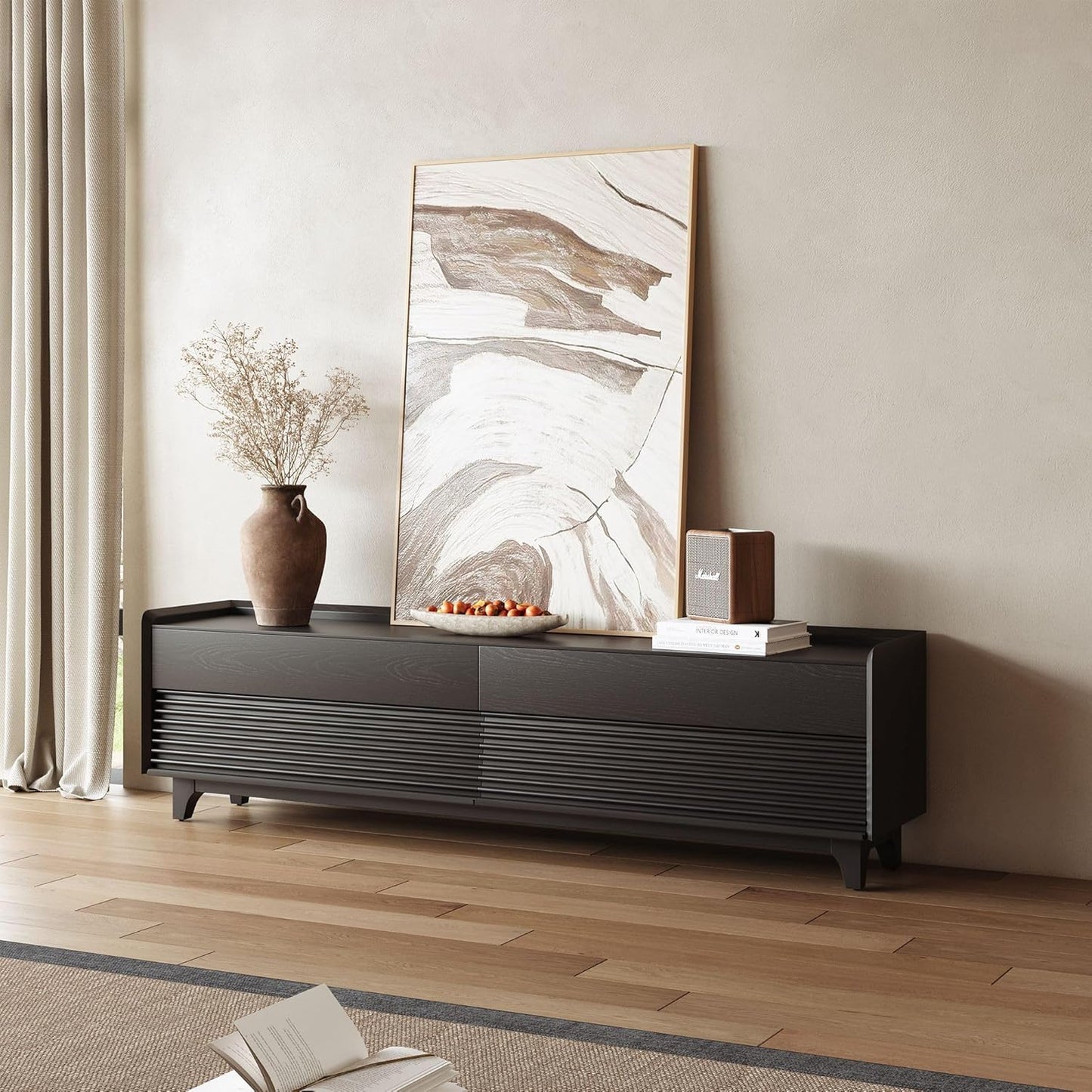POVISON Fully-Assembled Mid Century Matte Sintered Stone TV Stand, 94.49" Wood Media Console with Adjustable LED Light, Entertainment Center with Storage for Living Room