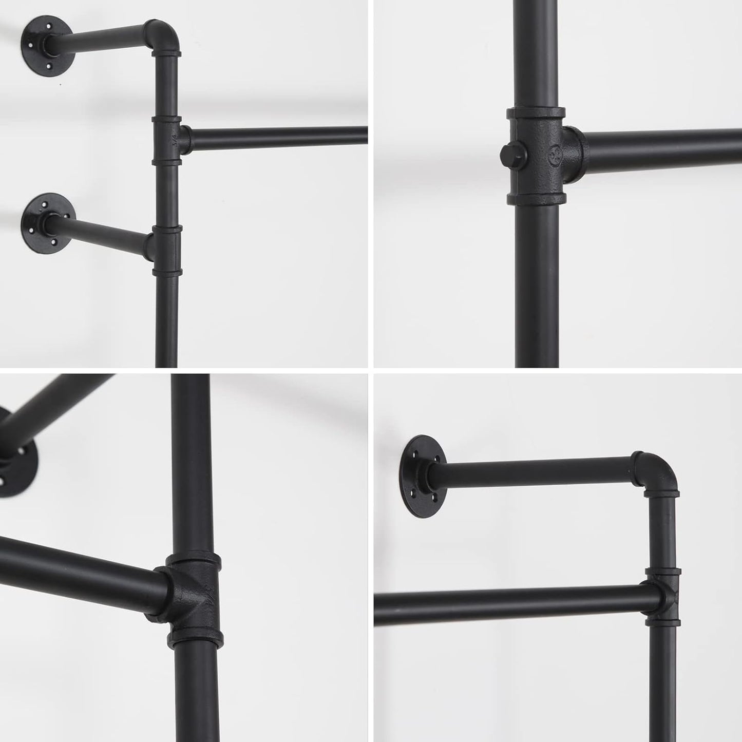 Industrial Pipe Clothes Rack, Heavy Duty Detachable Wall Mounted Black Iron Garment Bar, Clothing Store Display Stands Garment Rack Closet System (125.5 x 93.7inch)