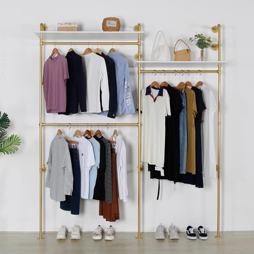 Industrial Pipe Clothes Rack, Heavy Duty Detachable Wall Mounted Black Iron Garment Bar, Clothing Store Display Stands Garment Rack Closet System (125.5 x 93.7inch)