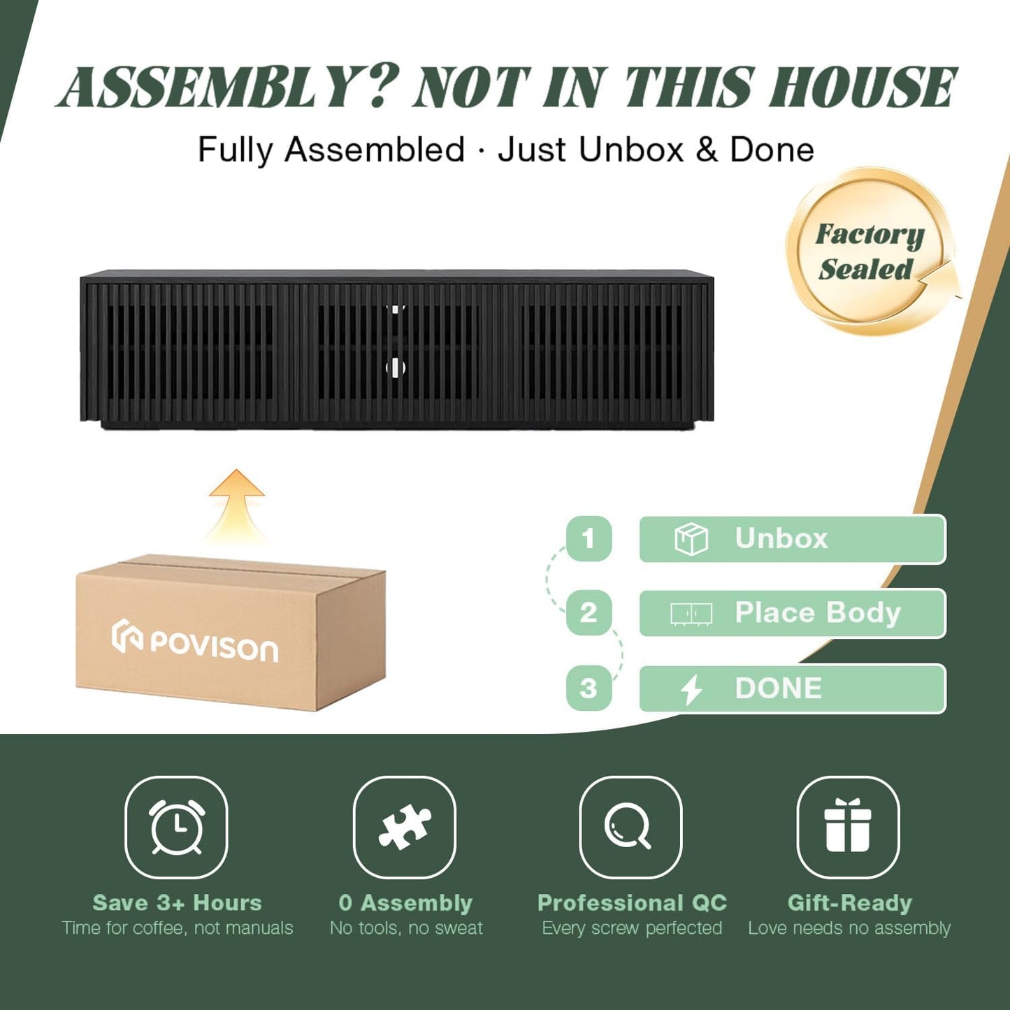 POVISON Full Assembled Mid Century Modern TV Stand, Black Entertainment Center for 65 inch TV, Wood Slatted Media Console with Storage, Low TV Cabinets for Living Room Bedroom, Oak Veneer
