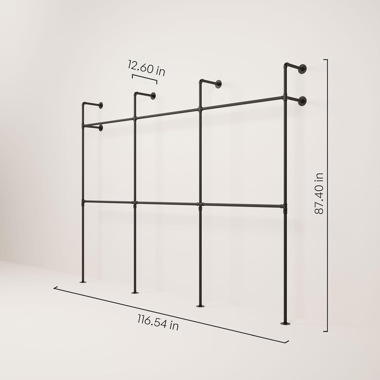 pamo Industrial Pipe Clothing Rack – Wall Mounted Black Closet System in Powder-Coated Steel – 116.54" W × 87.4" H – Easy Setup – Ideal for Walk-In Closets & Retail Use