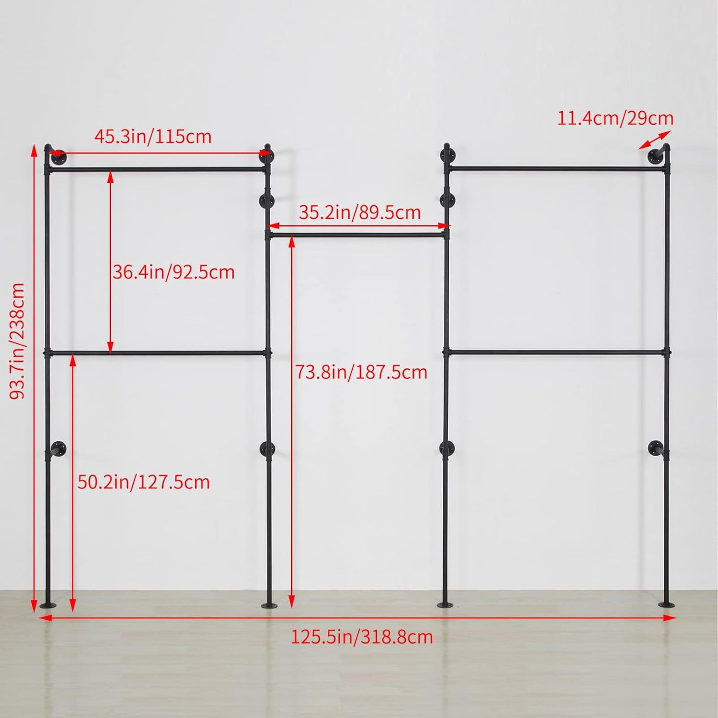Industrial Pipe Clothes Rack, Heavy Duty Detachable Wall Mounted Black Iron Garment Bar, Clothing Store Display Stands Garment Rack Closet System (125.5 x 93.7inch)