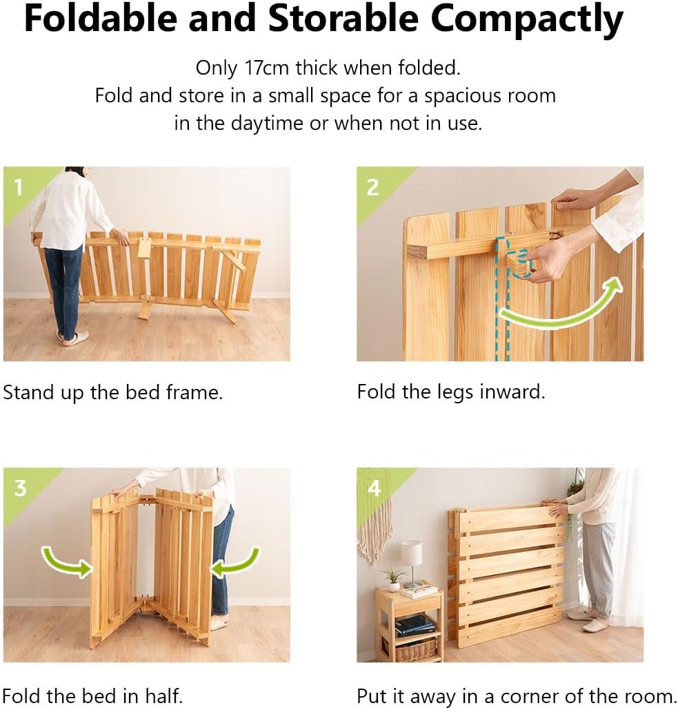 EMOOR Foldable Wood Slatted Floor Bed Frame OSMOS Twin Solid Pine (Earth-Natural), Easy Assembly Space Saving Storable Floor Life Tatami